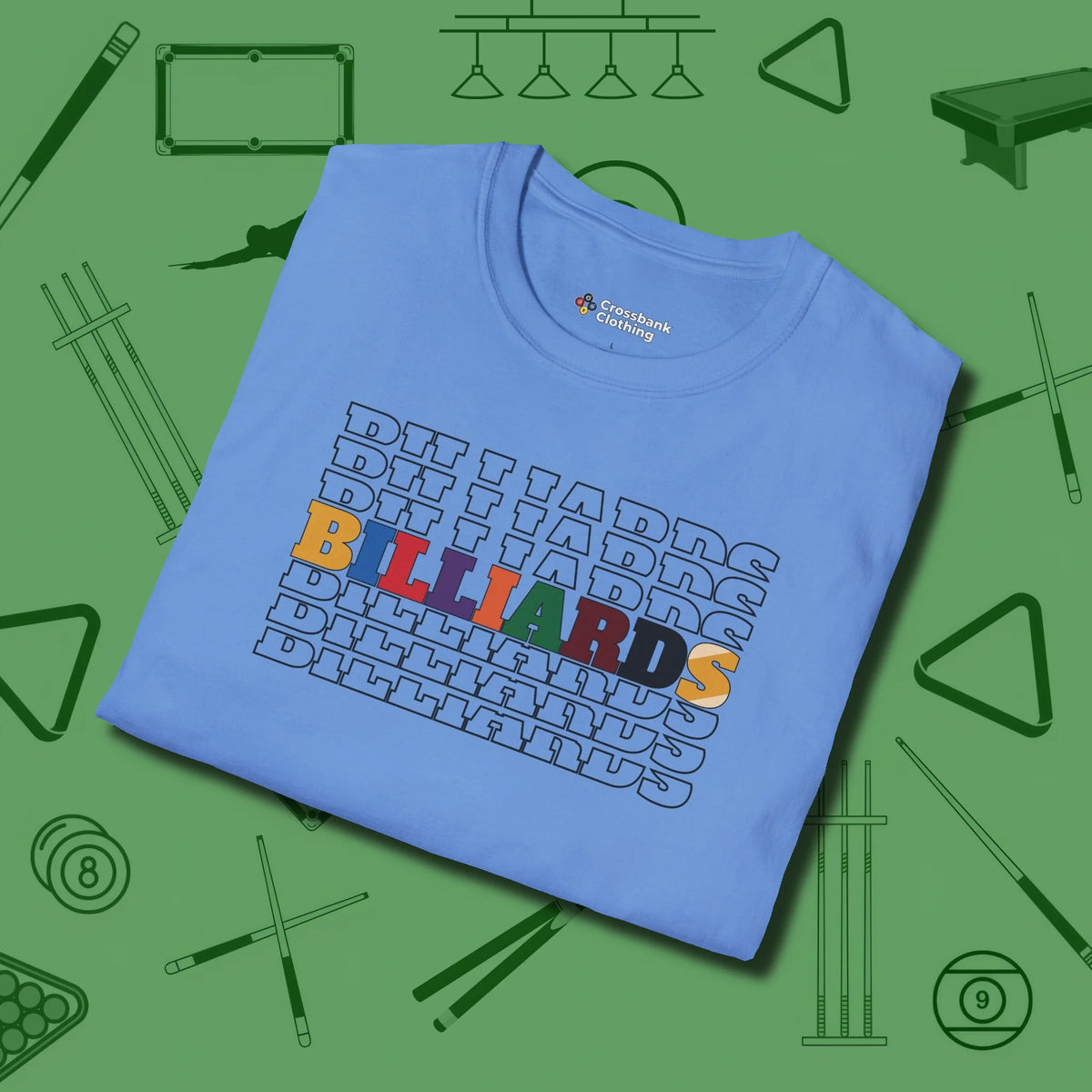 Billiards Retro Sign T-Shirt, folded view, in Carolina Blue styled to dominate from rack to run-out
