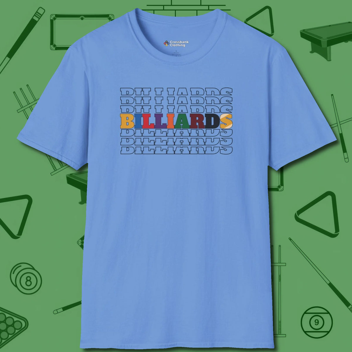 Billiards Retro Sign T-Shirt, front view, in Carolina Blue an extension of your pool persona