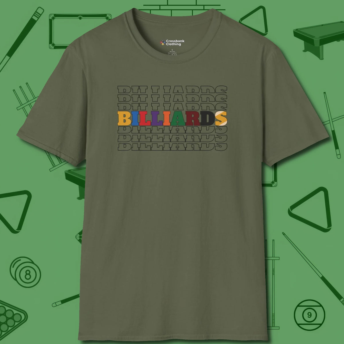 Billiards Retro Sign T-Shirt, front view, in Military Green table-tested, street-approved style