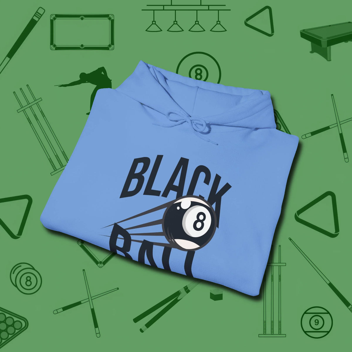 Black Ball 8-Ball Hoodie, folded view, in Carolina Blue as serious as your stroke