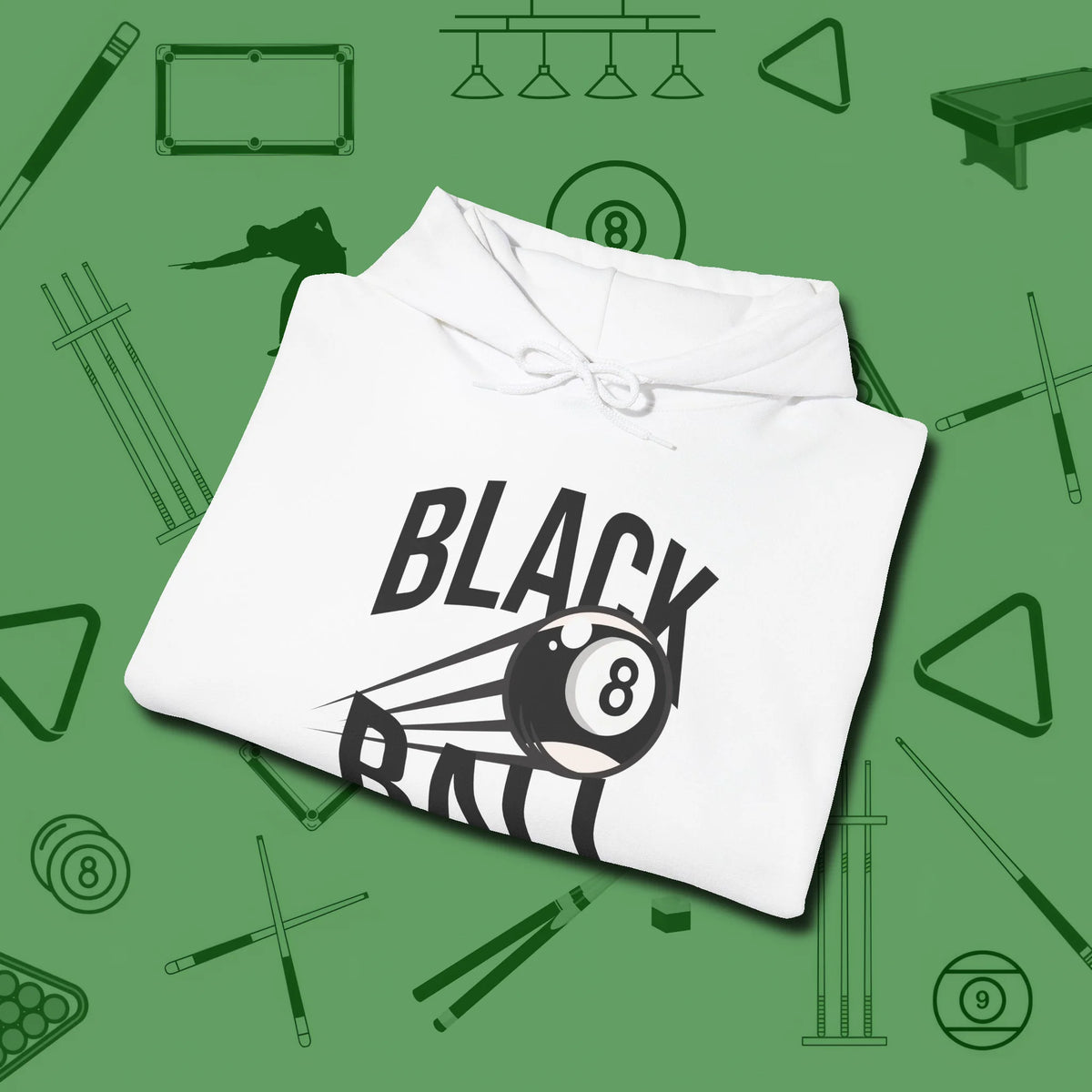 Black Ball 8-Ball Hoodie, folded view, in White because you don’t just play — you represent