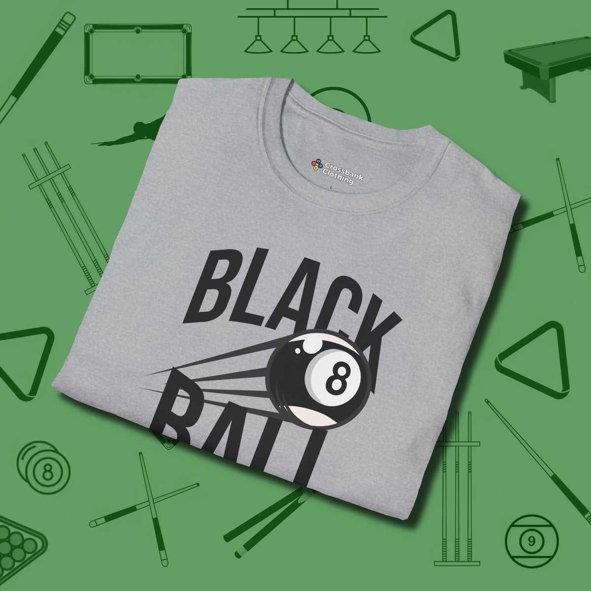 Black Ball 8-Ball T-Shirt, folded view, in Sport Grey cool under pressure, hot on the eyes