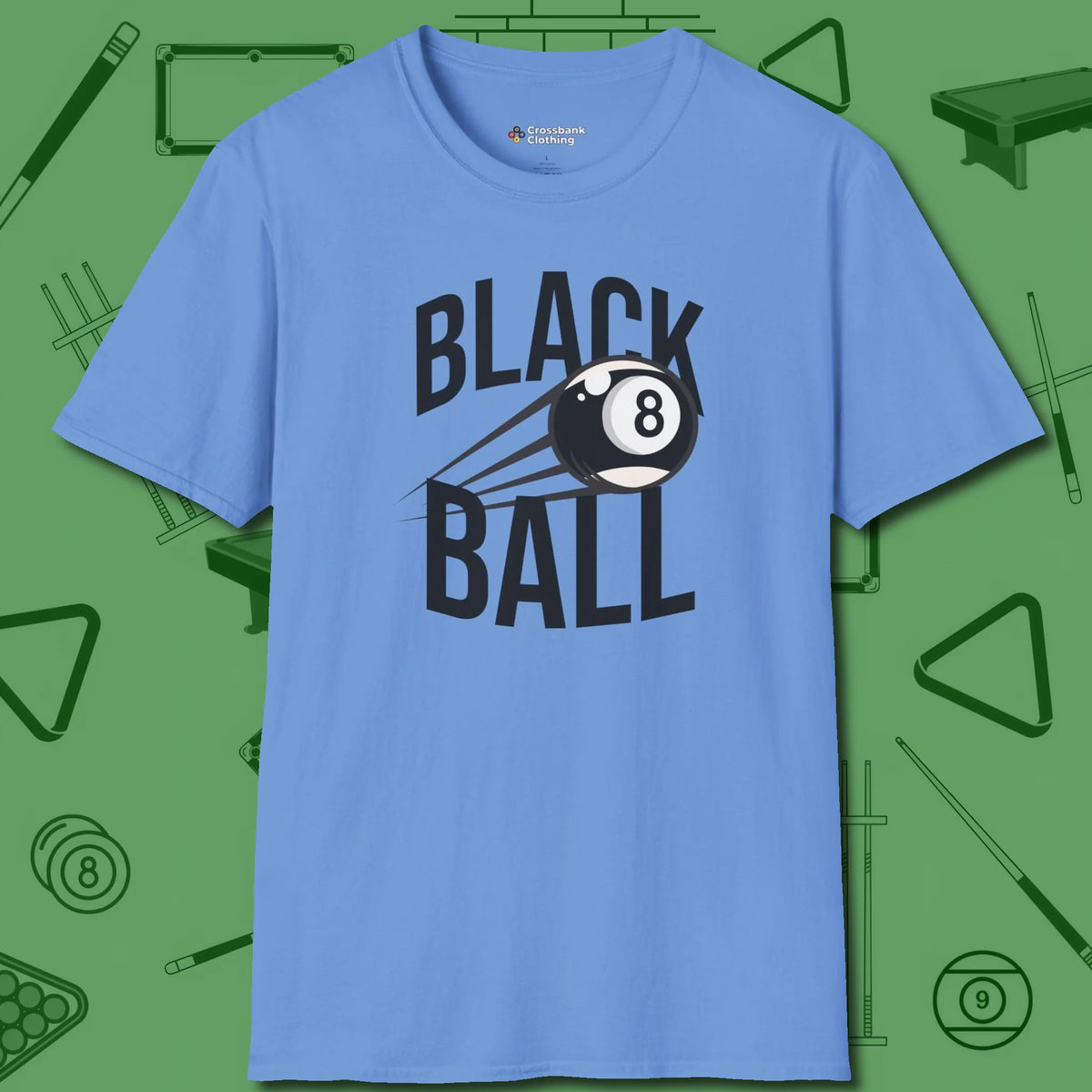 Black Ball 8-Ball T-Shirt, front view, in Carolina Blue where style and cue discipline collide