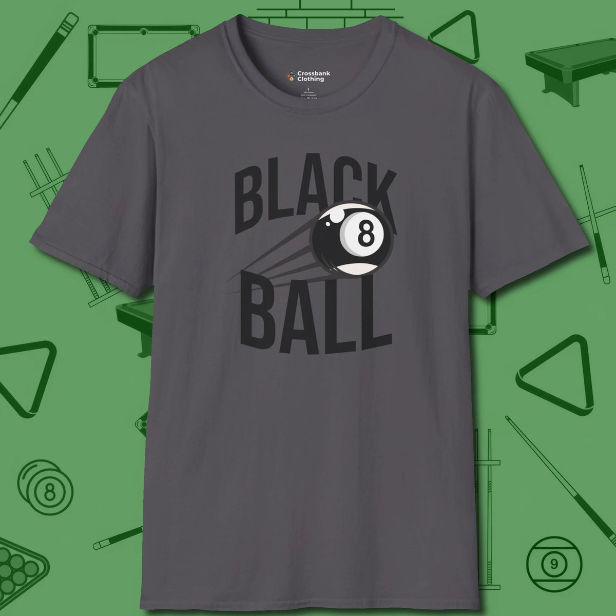 Black Ball 8-Ball T-Shirt, front view, in Charcoal where cue control meets personal style