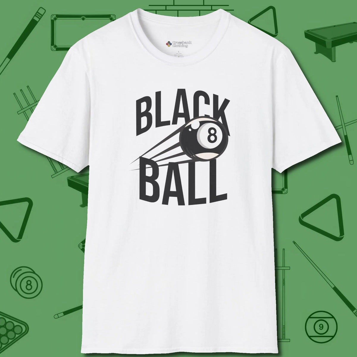 Black Ball 8-Ball T-Shirt, front view, in White tough like your favorite break cue