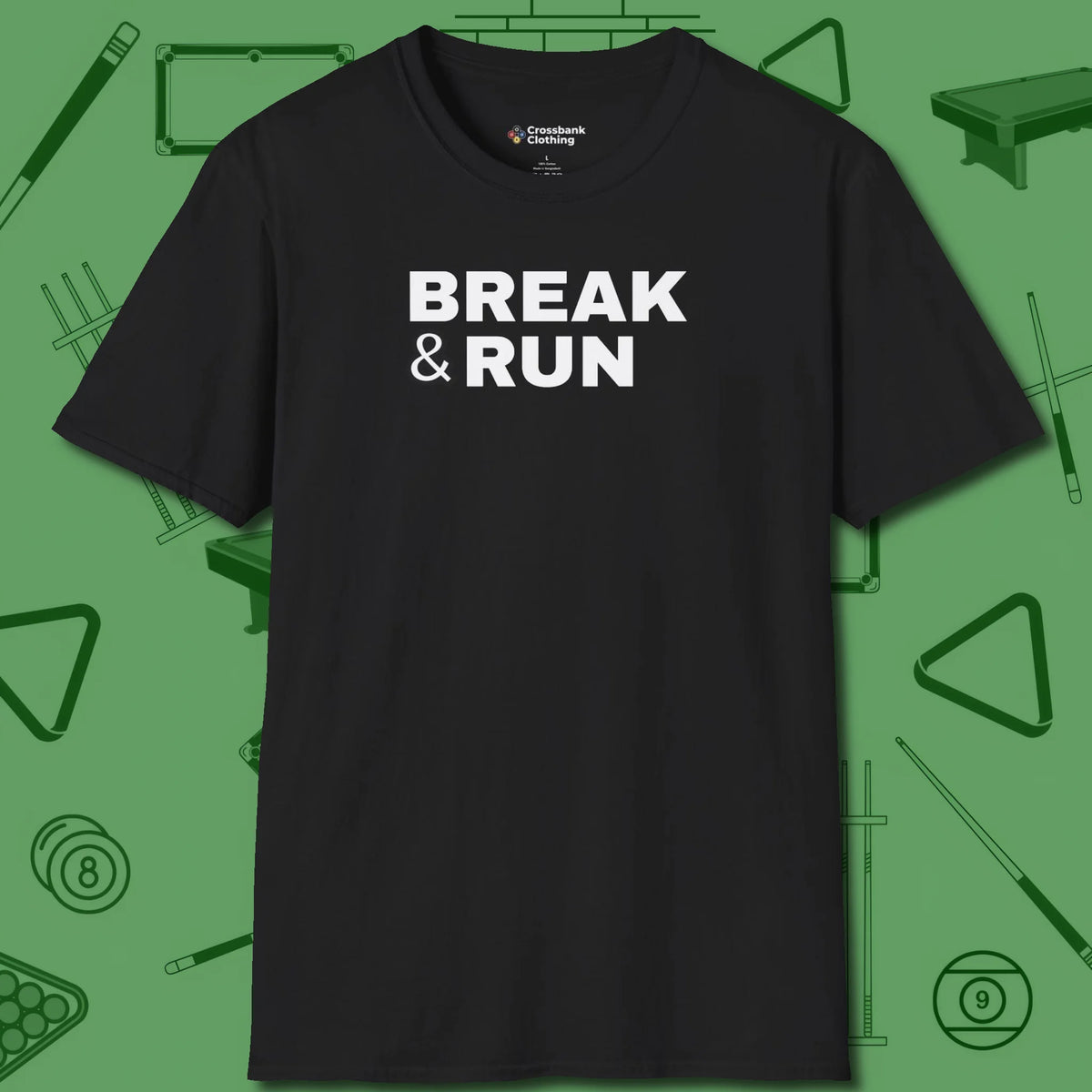 Break & Run T-Shirt, front view, in Black what the real shooters wear