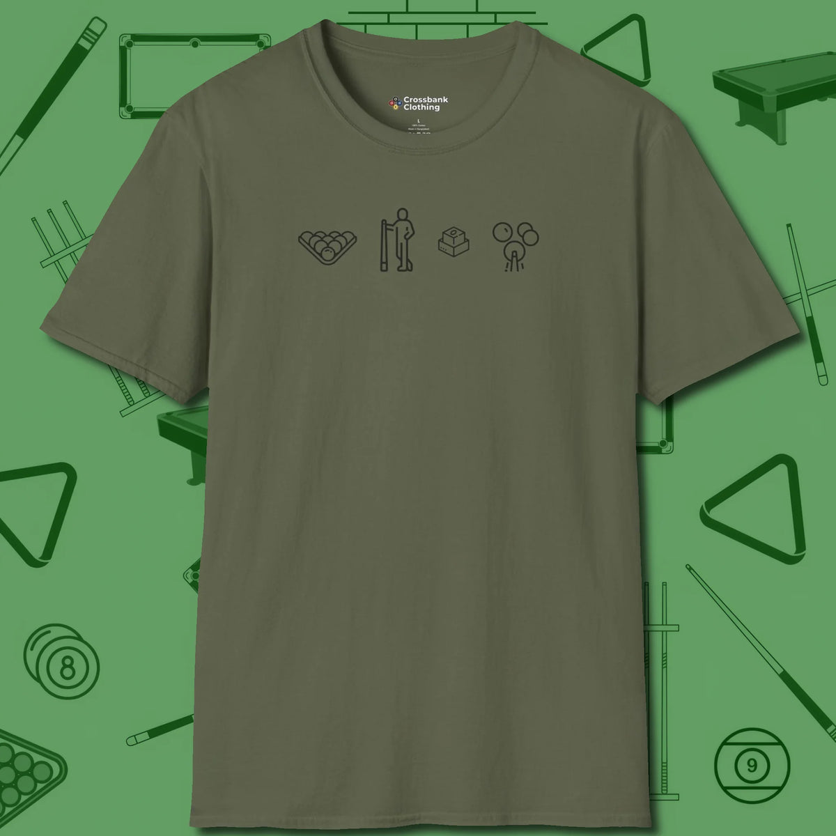 Break Sequence T-Shirt, front view, in Military Green poolroom style with tournament attitude