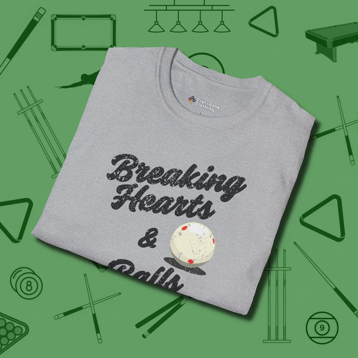 Breaking Hearts and Balls T-Shirt, folded view, in Sport Grey the official uniform of the after-hours crew
