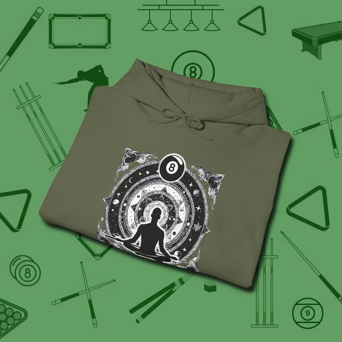 Celestial Zen 8 Ball Hoodie, folded view, in Military Green made for pool sharks, not posers