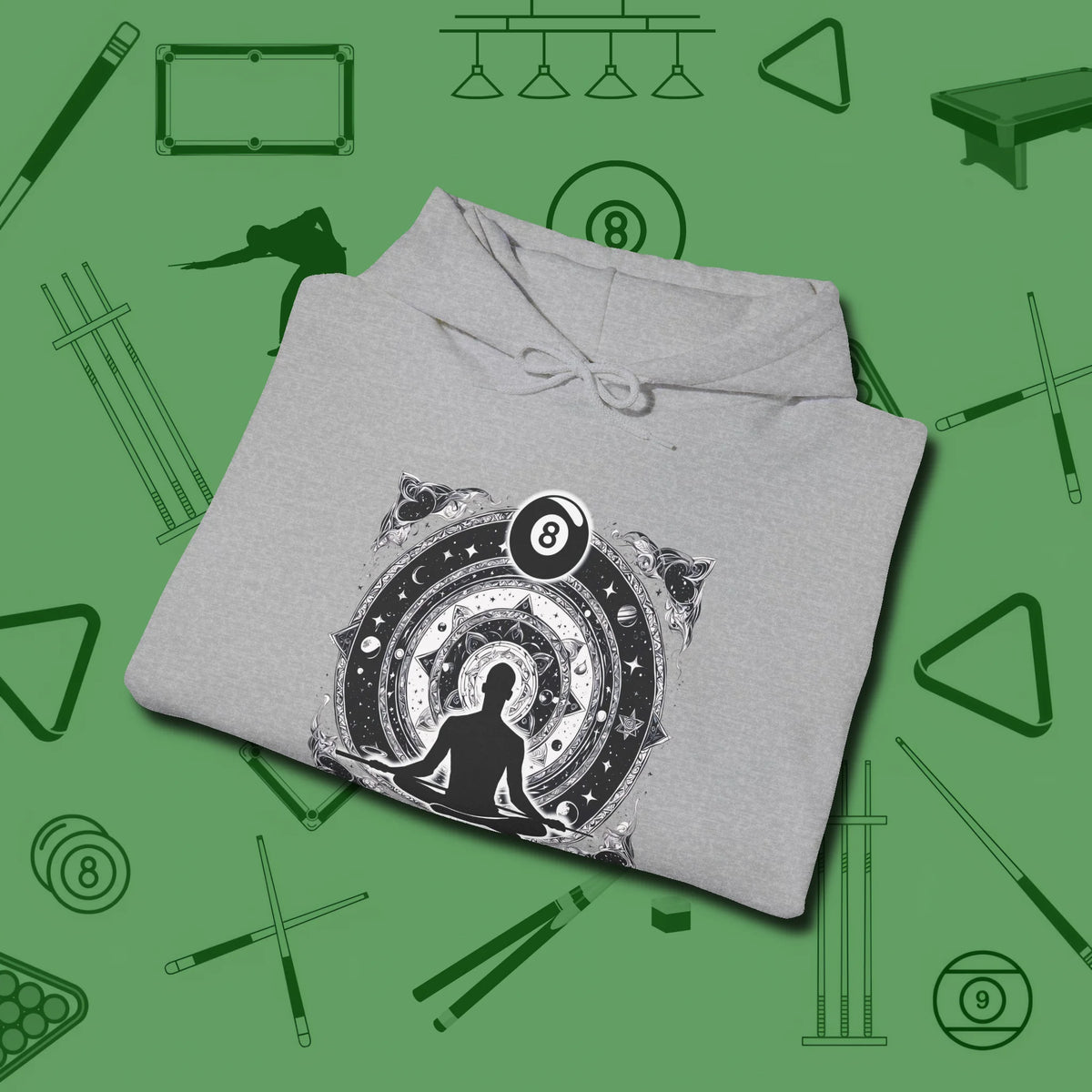 Celestial Zen 8 Ball Hoodie, folded view, in Sport Grey helps your stroke and your style