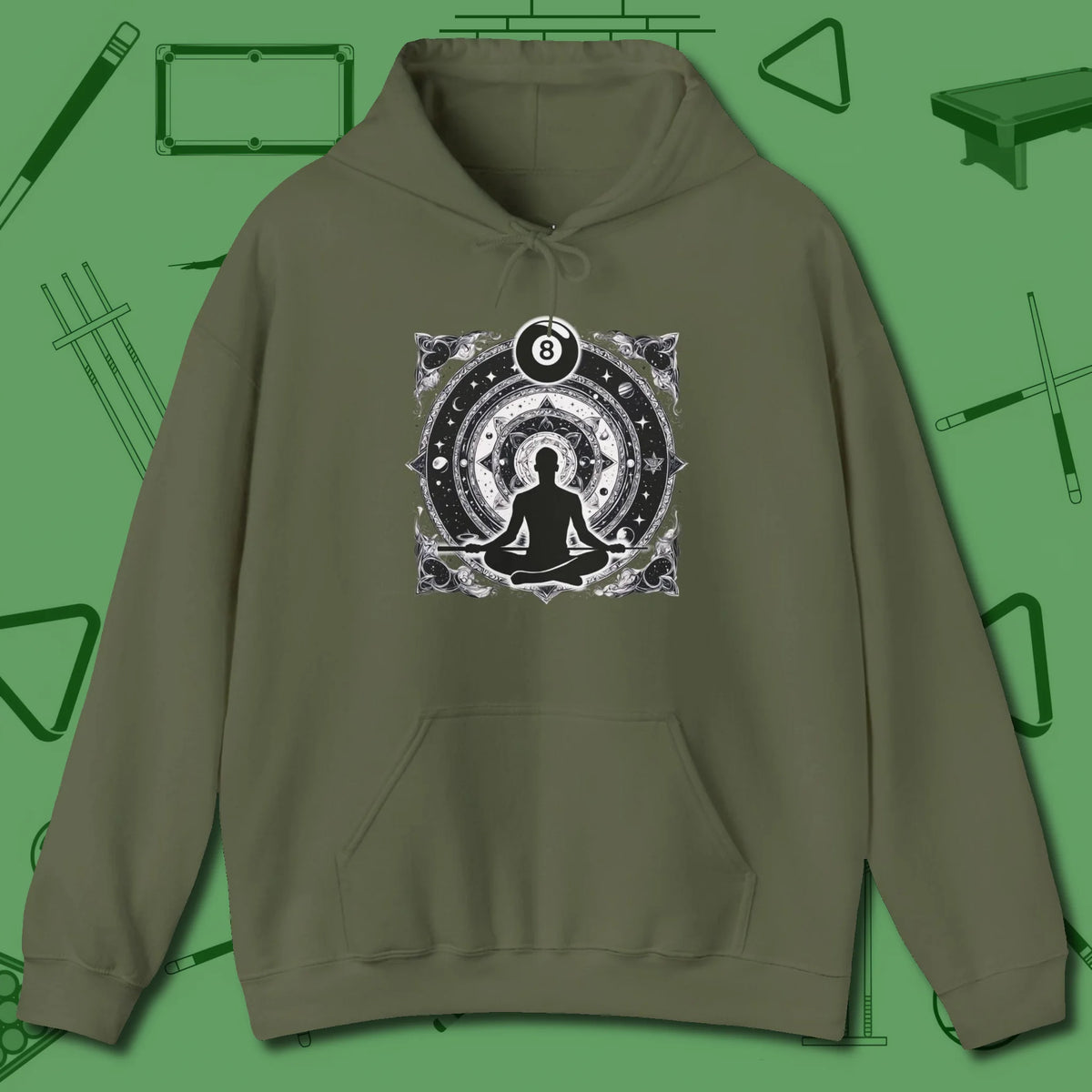 Celestial Zen 8 Ball Hoodie, front view, in Military Green your secret weapon off the table