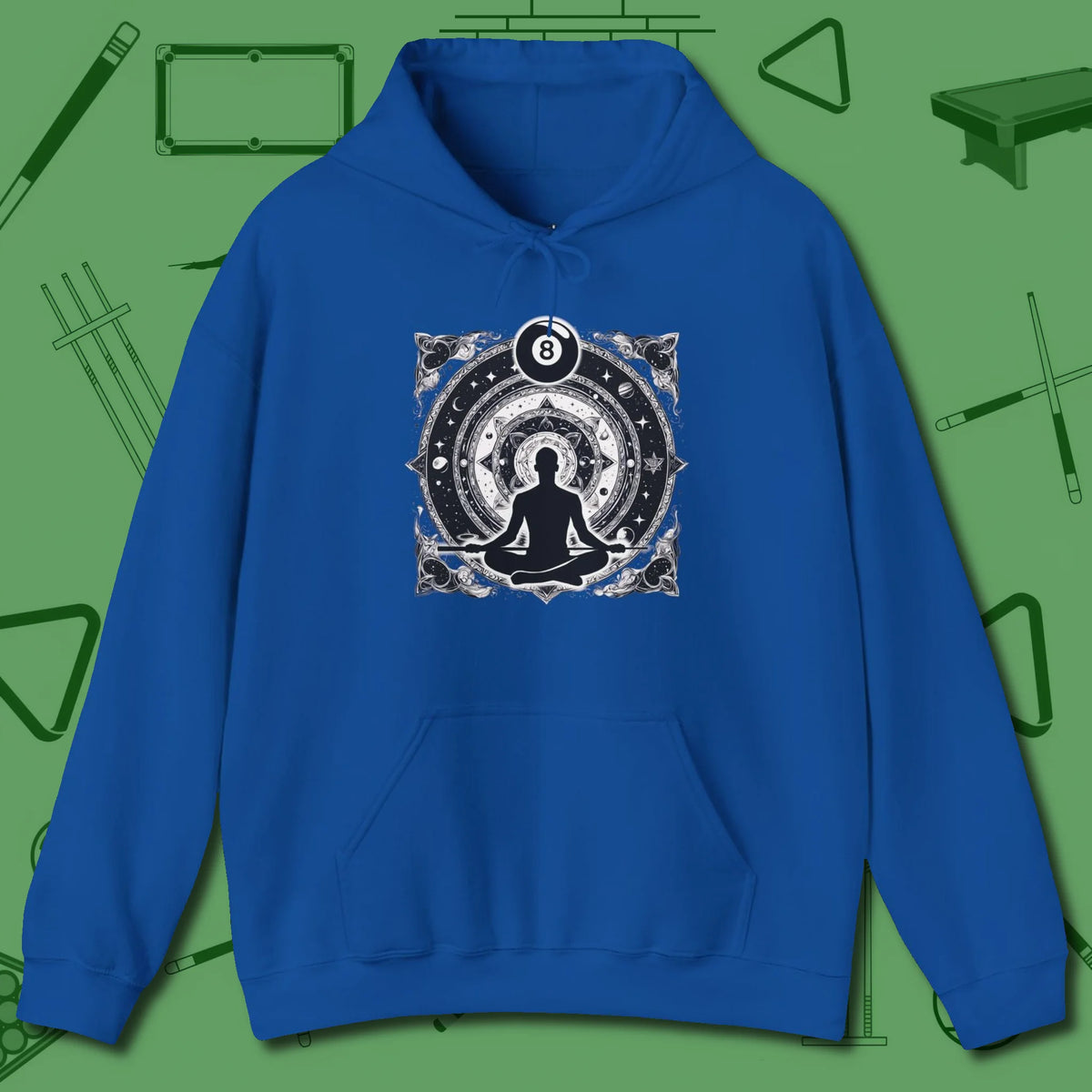 Celestial Zen 8 Ball Hoodie, front view, in Royal made for pool sharks, not posers