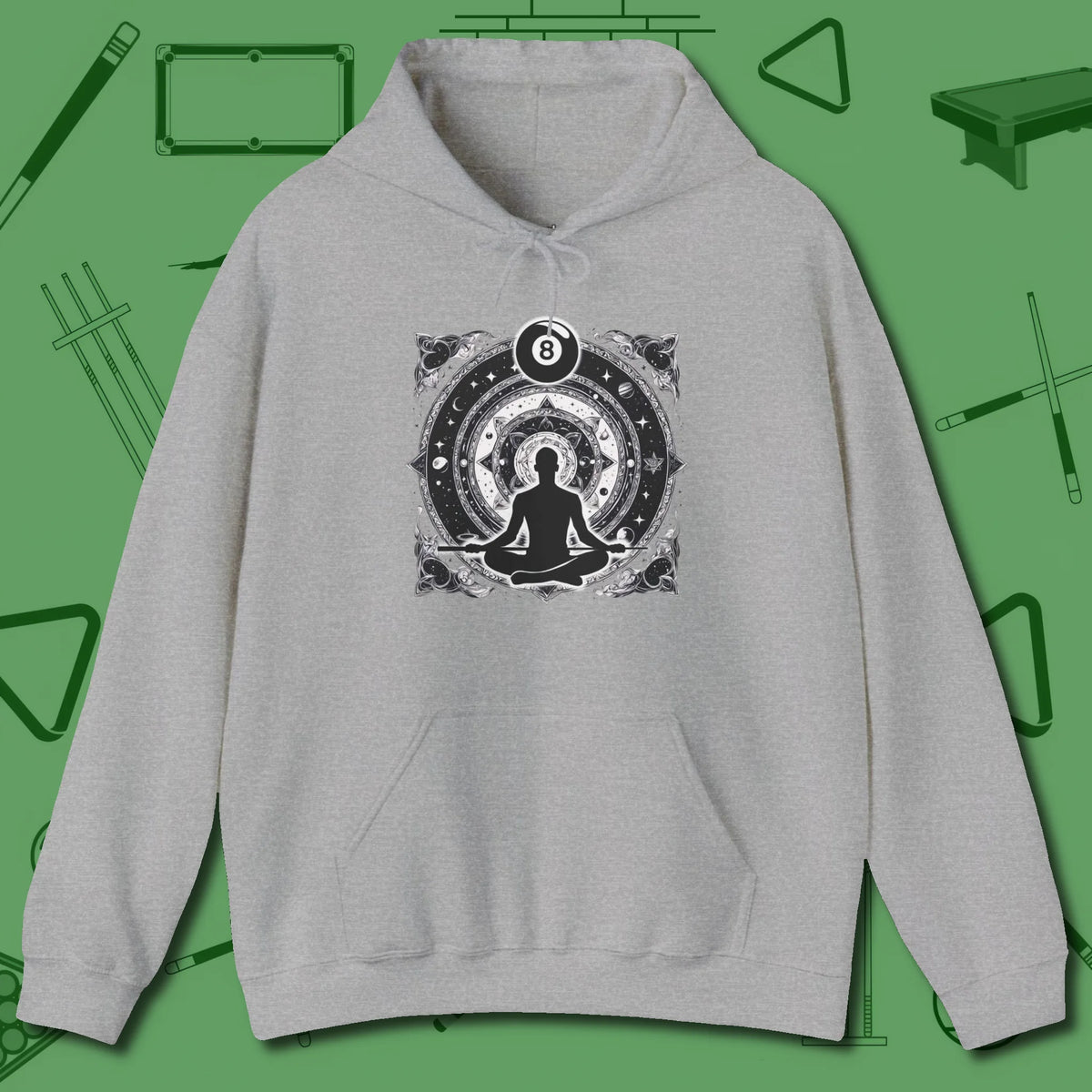 Celestial Zen 8 Ball Hoodie, front view, in Sport Grey style that banks as hard as you do