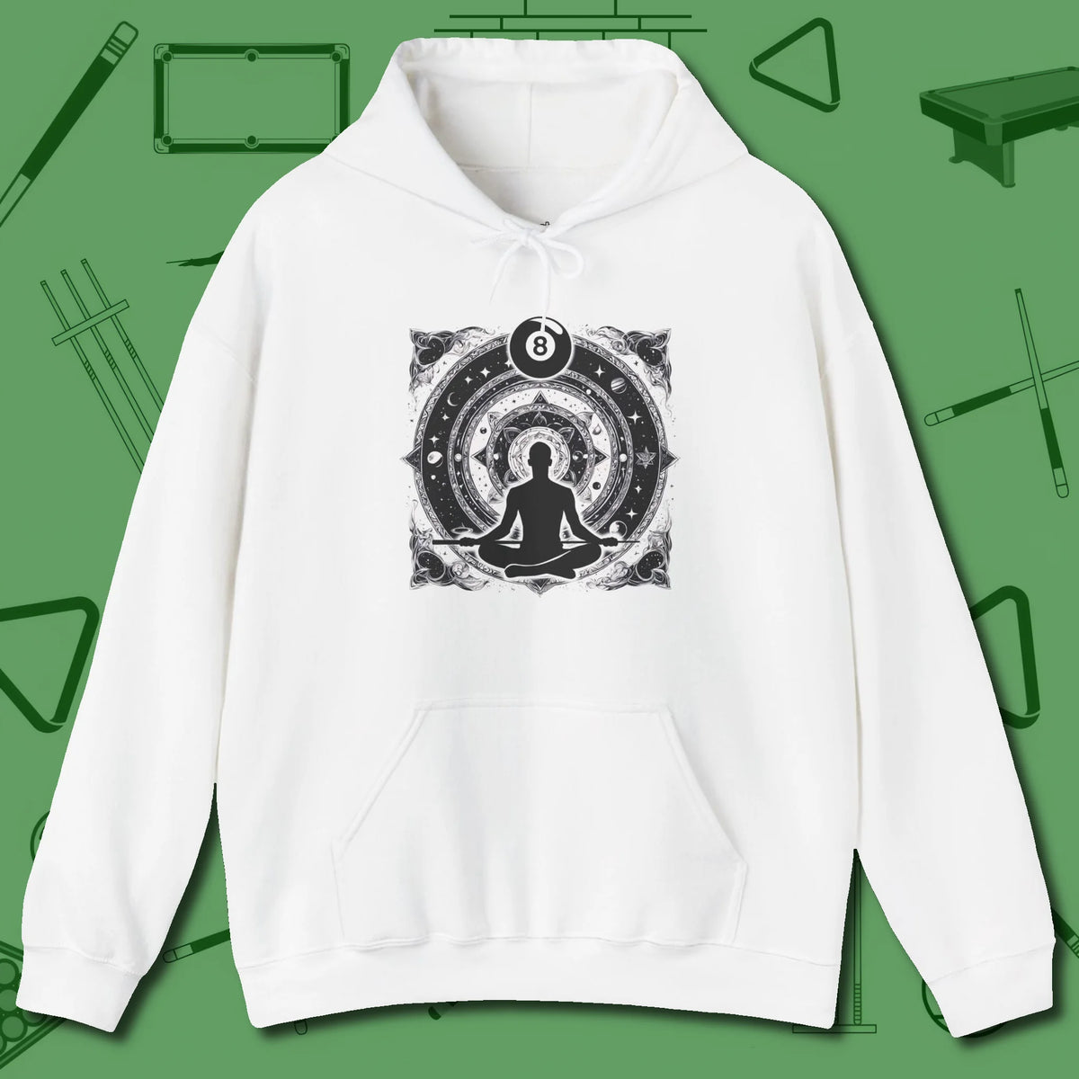 Celestial Zen 8 Ball Hoodie, front view, in White cue sports swagger done right