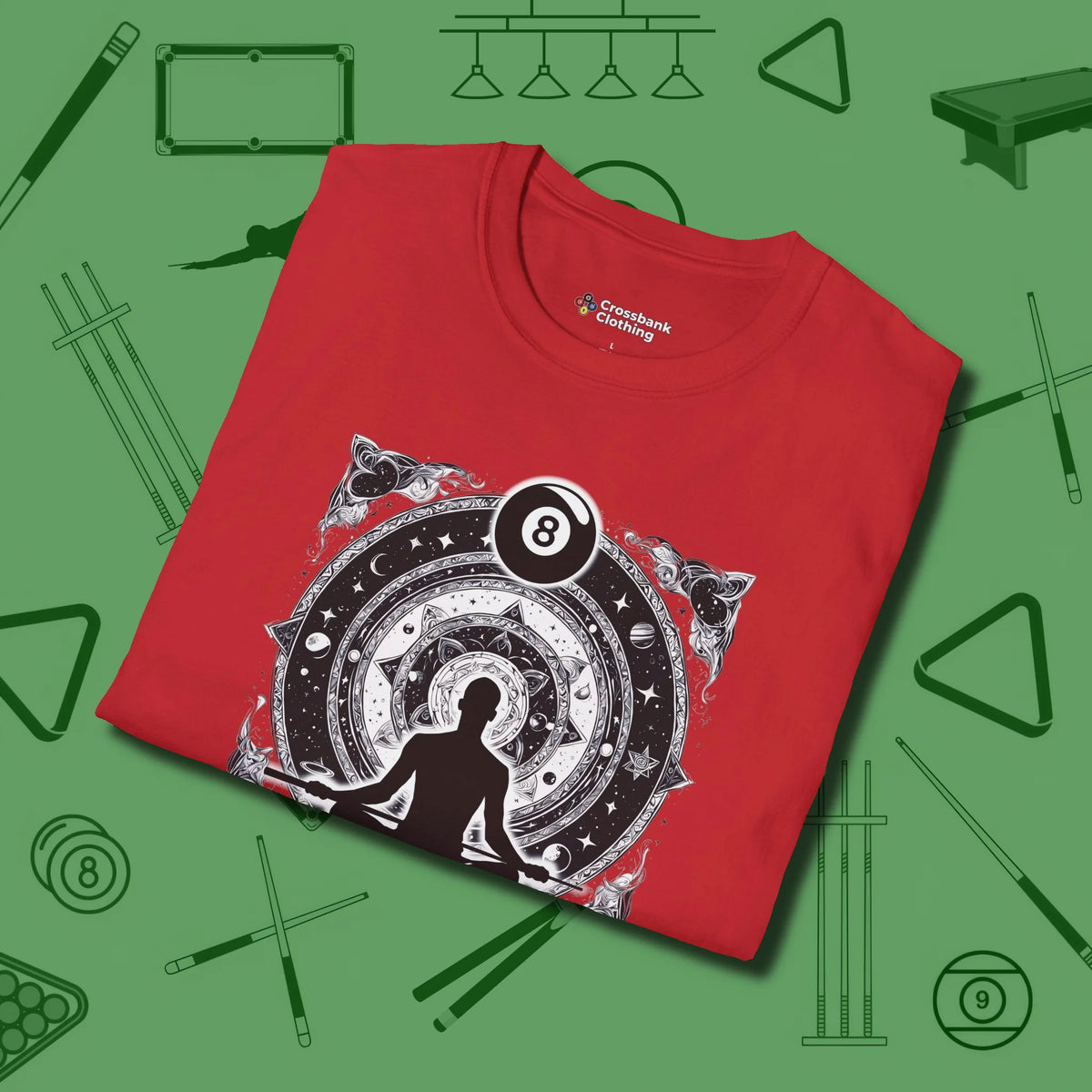 Celestial Zen 8 Ball T-Shirt, folded view, in Red play in style, win in silence