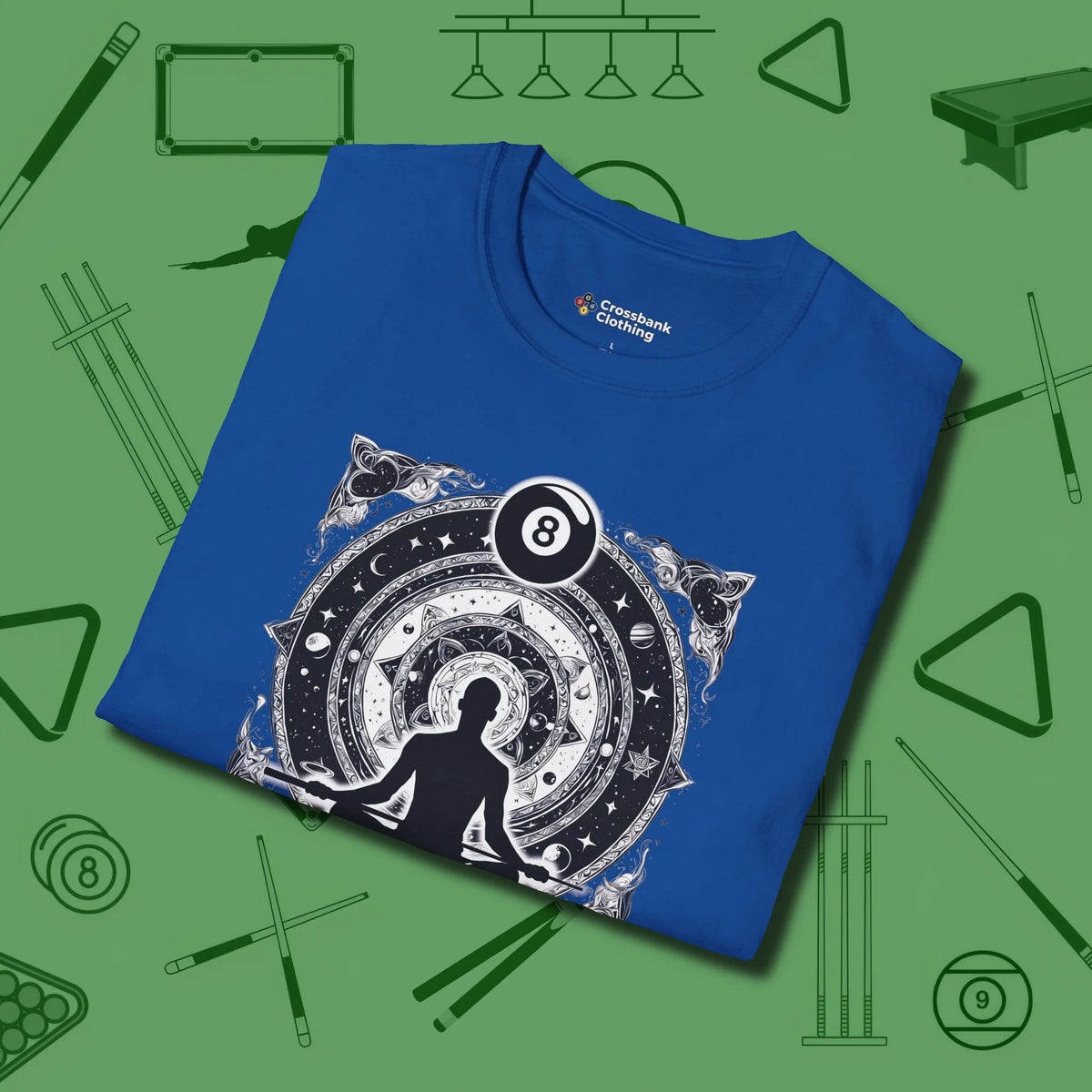 Celestial Zen 8 Ball T-Shirt, folded view, in Royal an extension of your pool persona