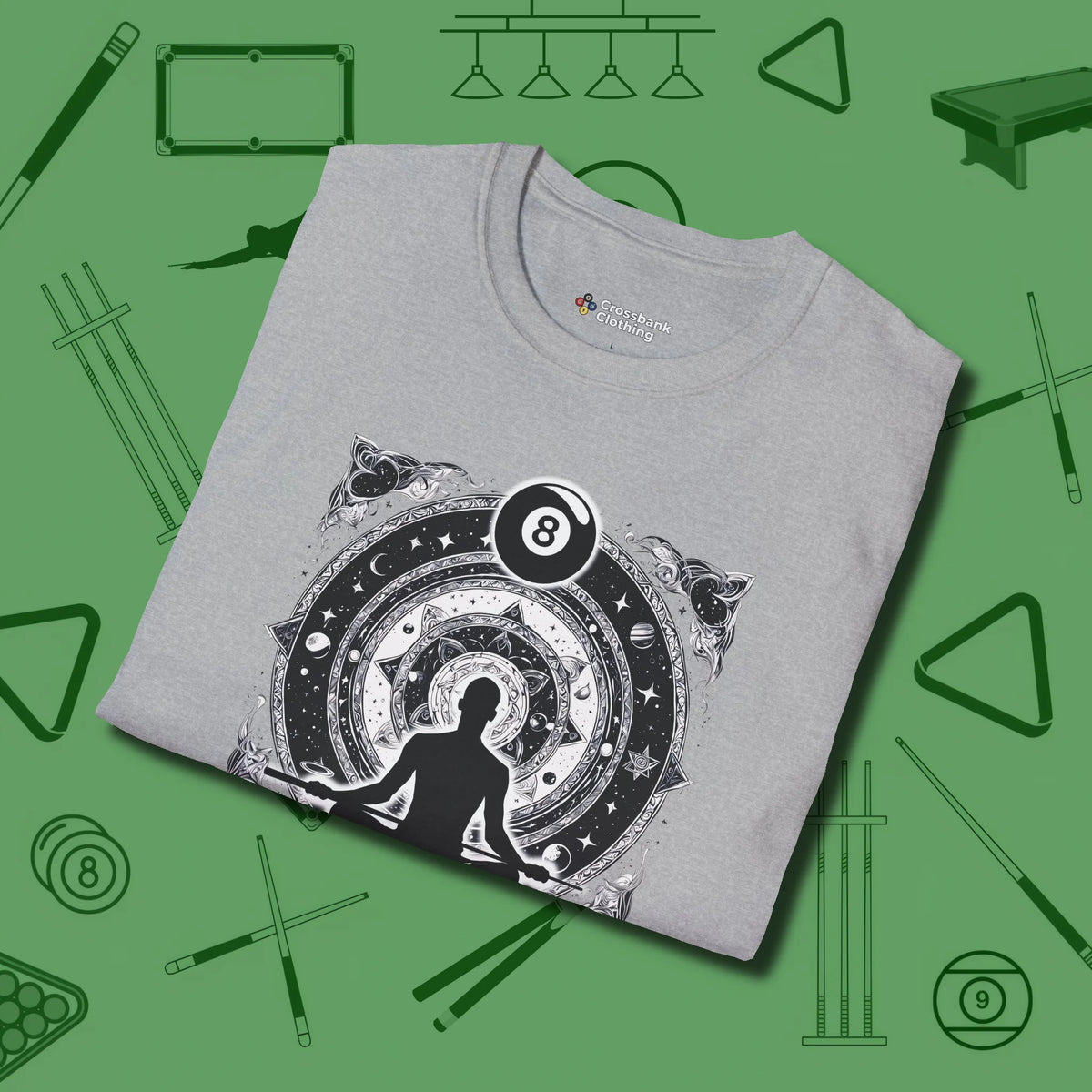 Celestial Zen 8 Ball T-Shirt, folded view, in Sport Grey where style and cue discipline collide