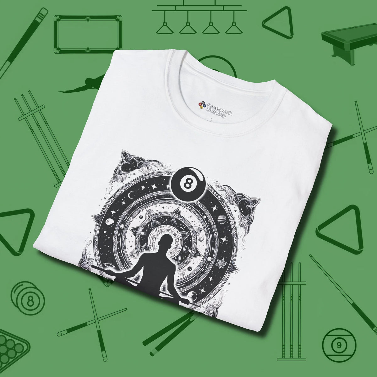 Celestial Zen 8 Ball T-Shirt, folded view, in White classic cue style, no gimmicks
