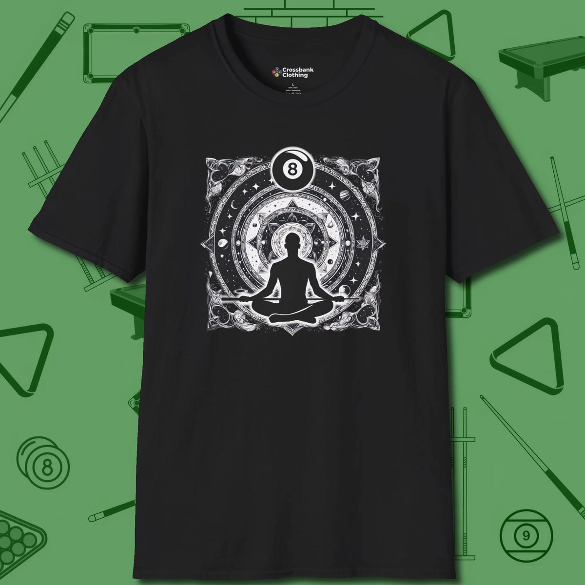 Celestial Zen 8 Ball T-Shirt, front view, in Black where style and cue discipline collide