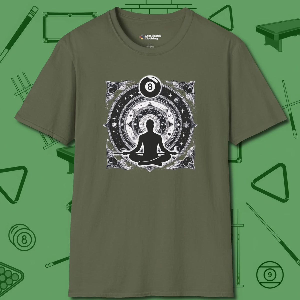 Celestial Zen 8 Ball T-Shirt, front view, in Military Green confidence stitched in every seam