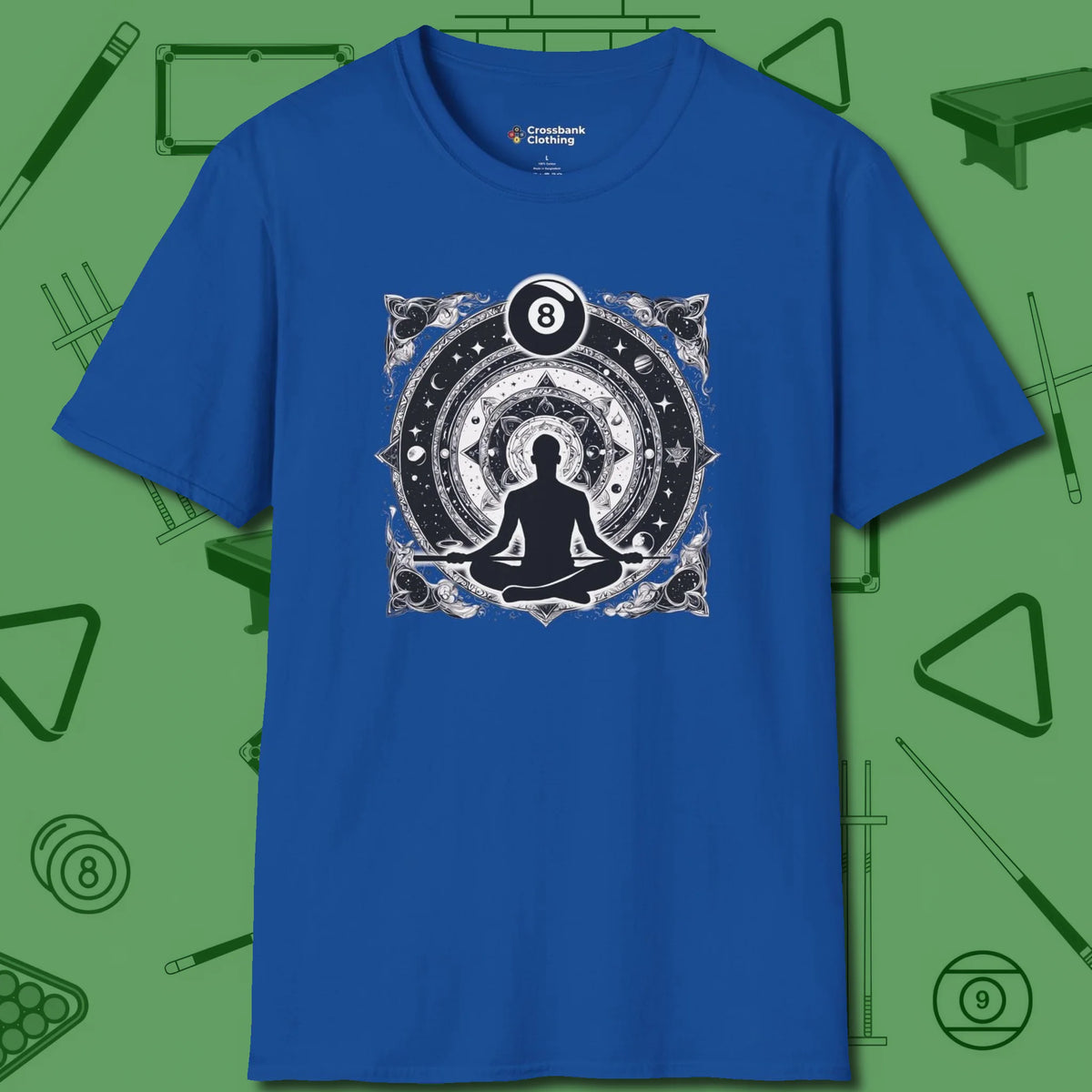 Celestial Zen 8 Ball T-Shirt, front view, in Royal helps your stroke and your style