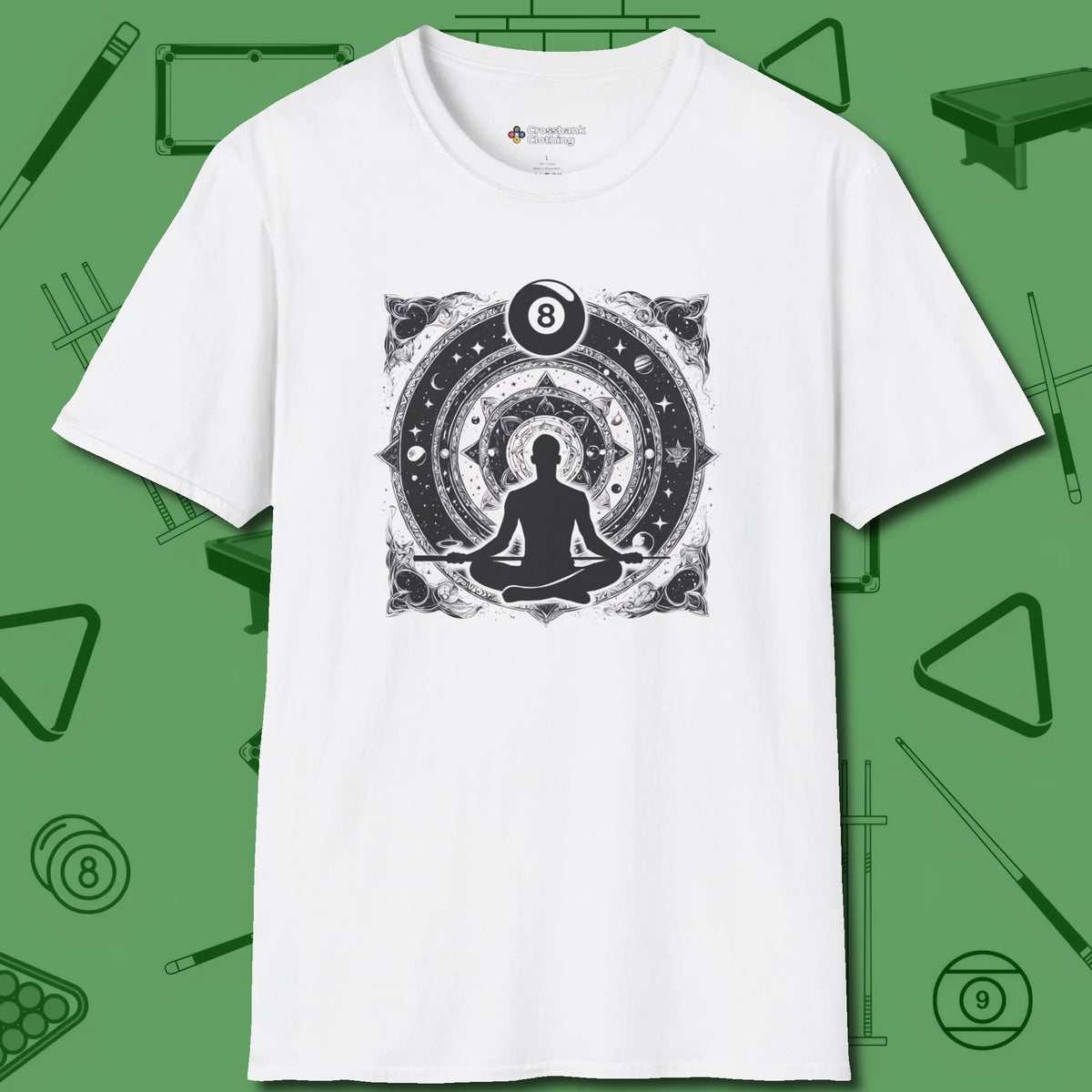 Celestial Zen 8 Ball T-Shirt, front view, in White cool enough for a corner pocket finish