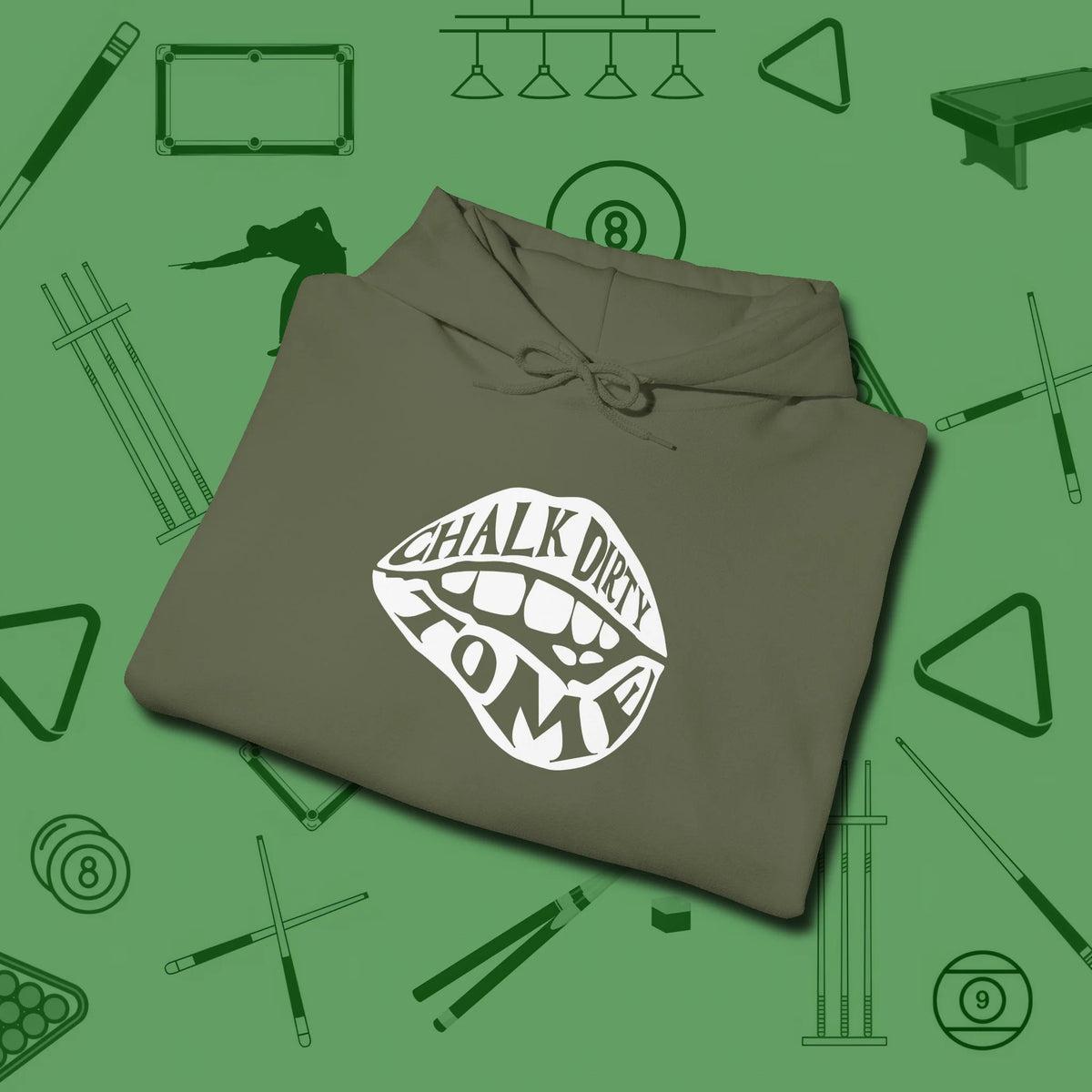 Chalk Dirty to Me Hoodie, folded view, in Military Green cool enough for a corner pocket finish