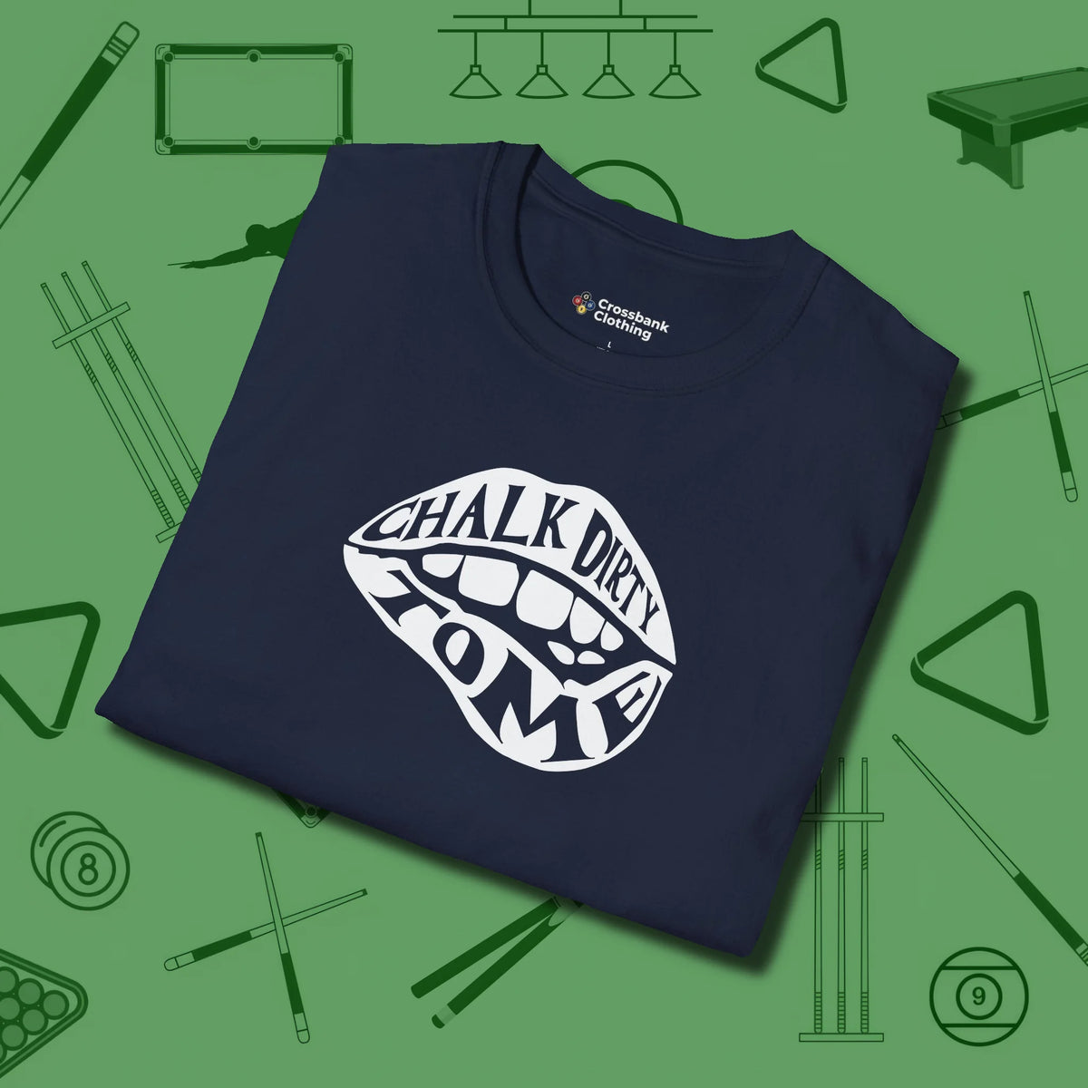 Chalk Dirty to Me T-Shirt, folded view, in Navy clean lines for dirty minds