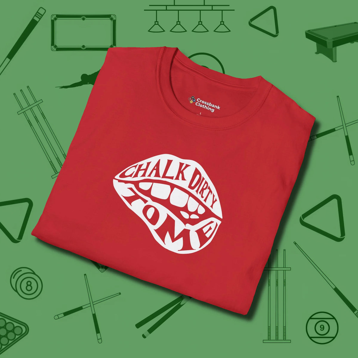 Chalk Dirty to Me T-Shirt, folded view, in Red helps your stroke and your style