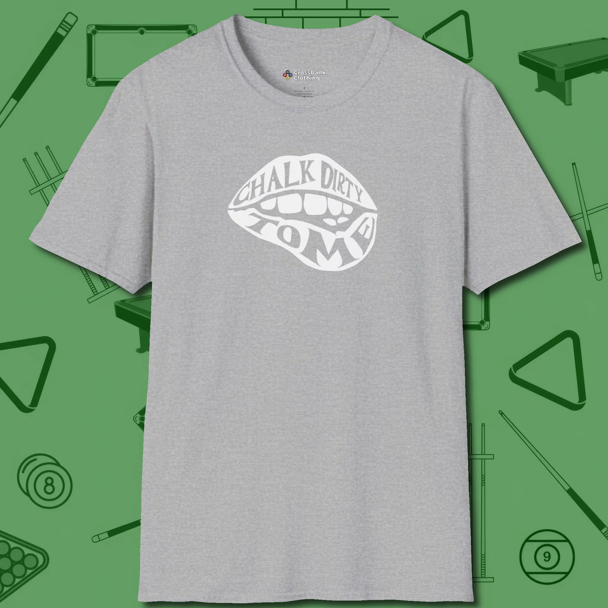 Chalk Dirty to Me T-Shirt, front view, in Sport Grey for players who live the game