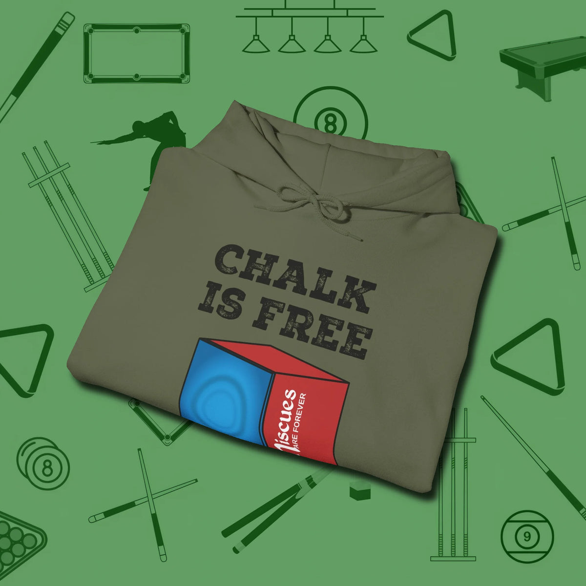 Chalk is Free Hoodie, folded view, in Military Green stitched for cue discipline and cool confidence