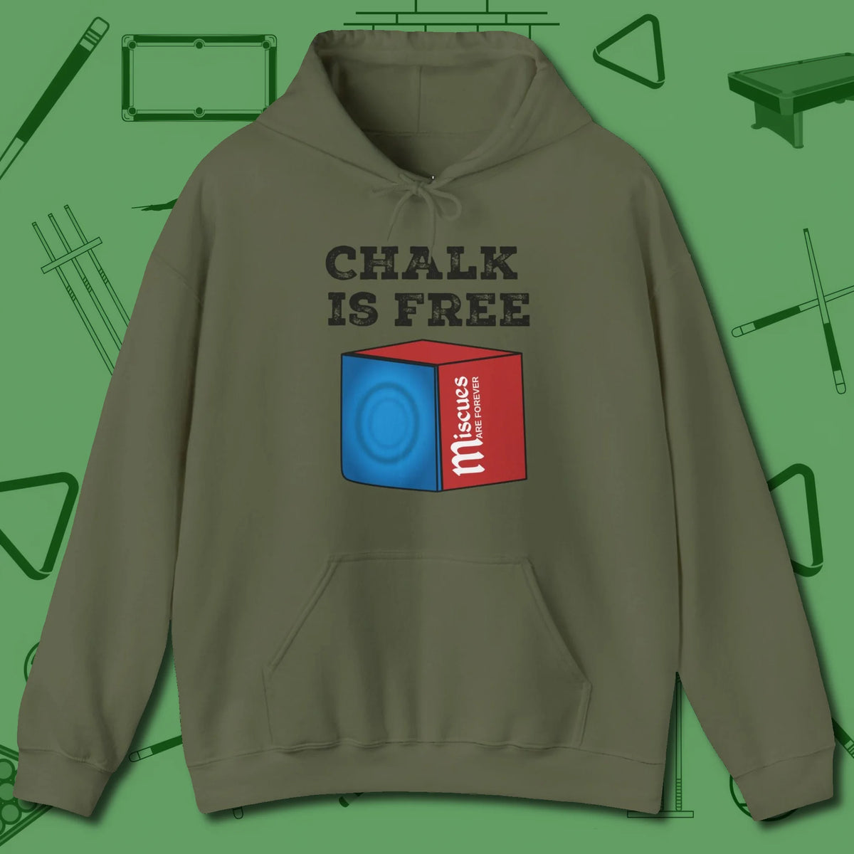 Chalk is Free Hoodie, front view, in Military Green style that banks as hard as you do