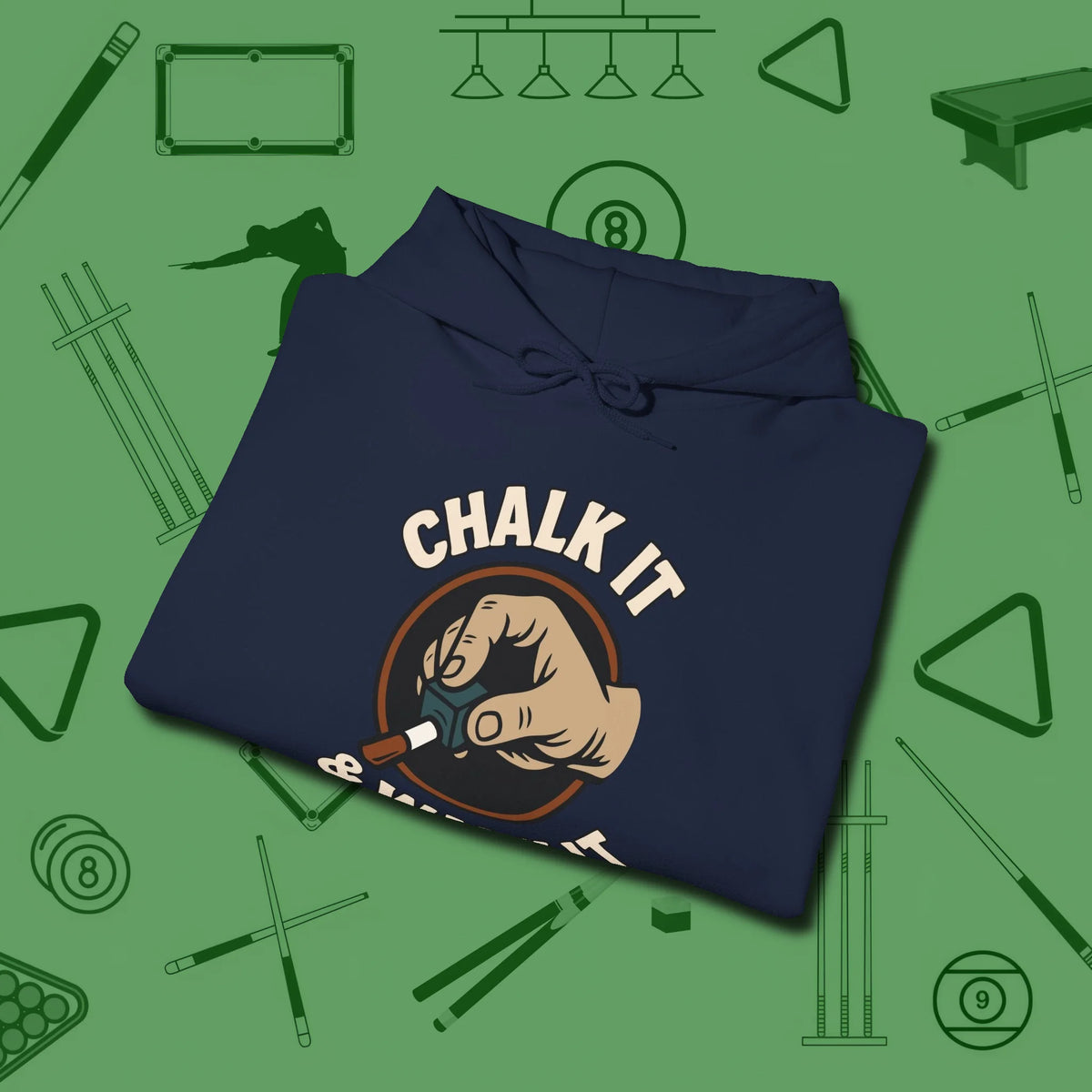 Chalk It & Walk It Billiards Hoodie, folded view, in Navy smart apparel for strategic players