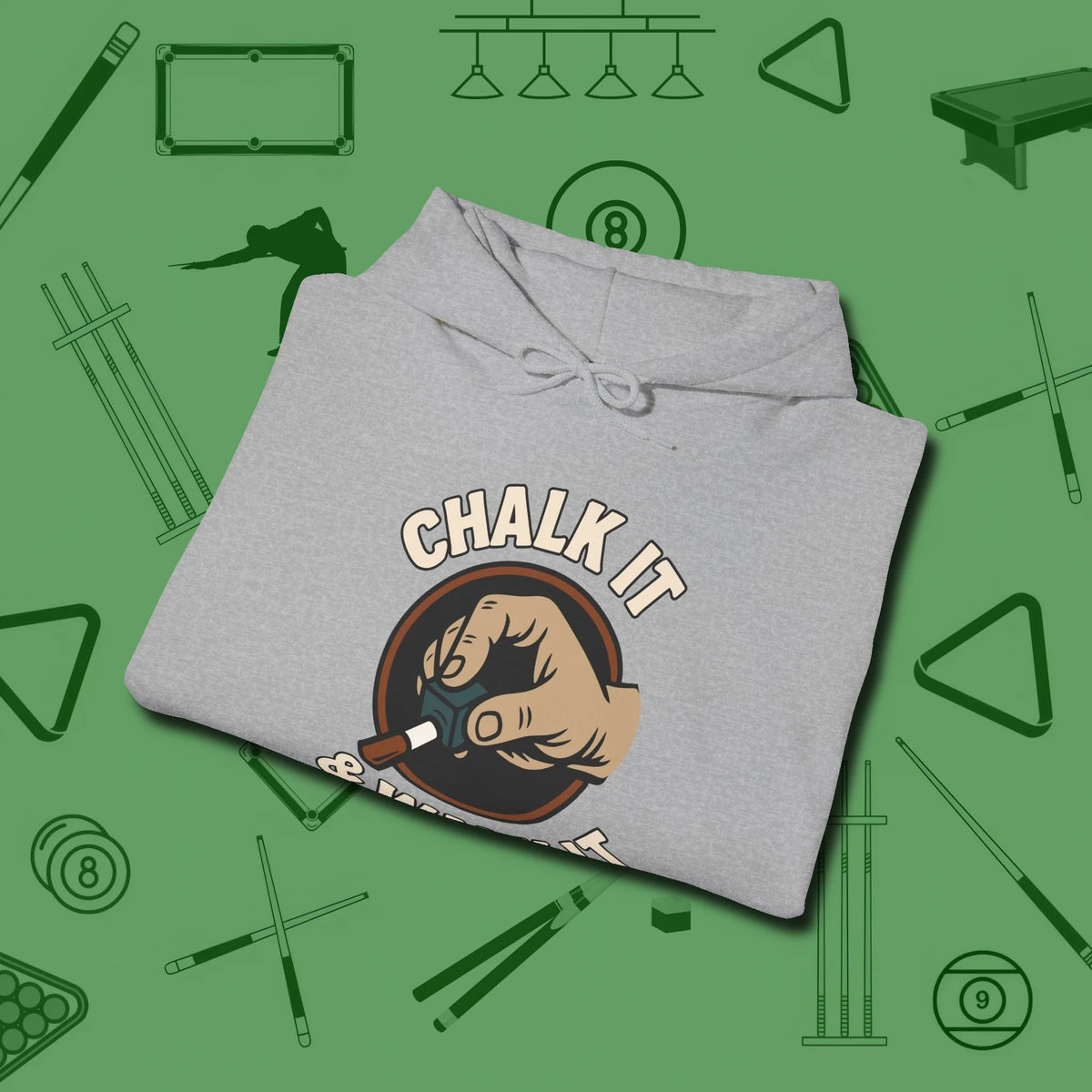Chalk It & Walk It Billiards Hoodie, folded view, in Sport Grey helps your stroke and your style