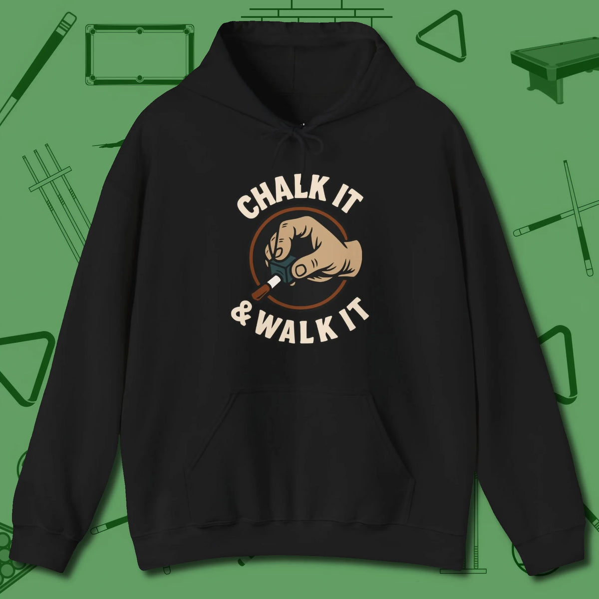 Chalk It & Walk It Billiards Hoodie, front view, in Black fashion with break-and-run energy