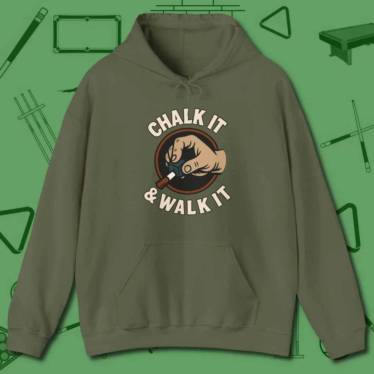 Chalk It & Walk It Billiards Hoodie, front view, in Military Green dress for the shot you want to take