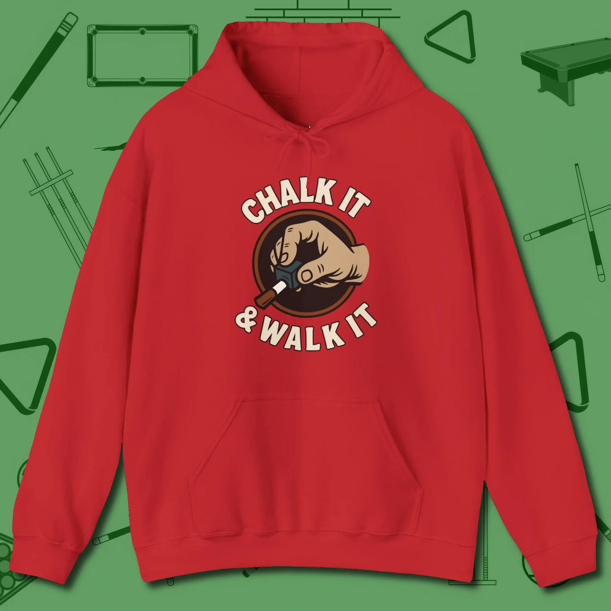 Chalk It & Walk It Billiards Hoodie, front view, in Red subtle drip for serious shooters