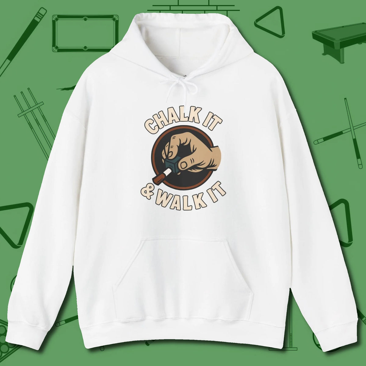 Chalk It & Walk It Billiards Hoodie, front view, in White for players who live the game