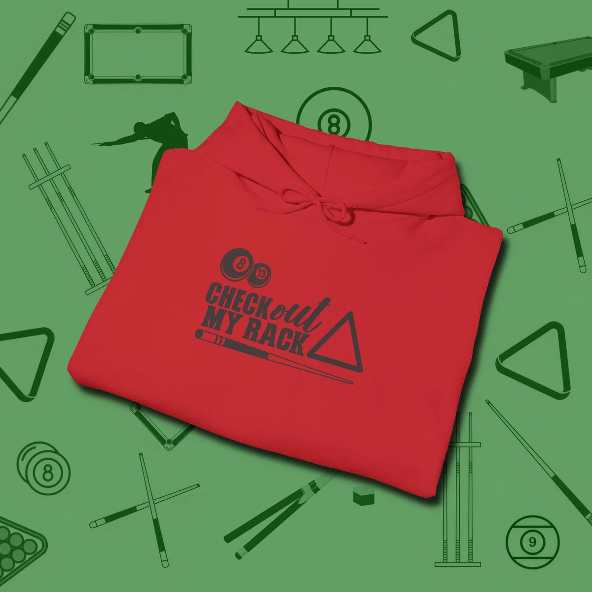 Check Out My Rack Hoodie, folded view, in Red classic cue style, no gimmicks