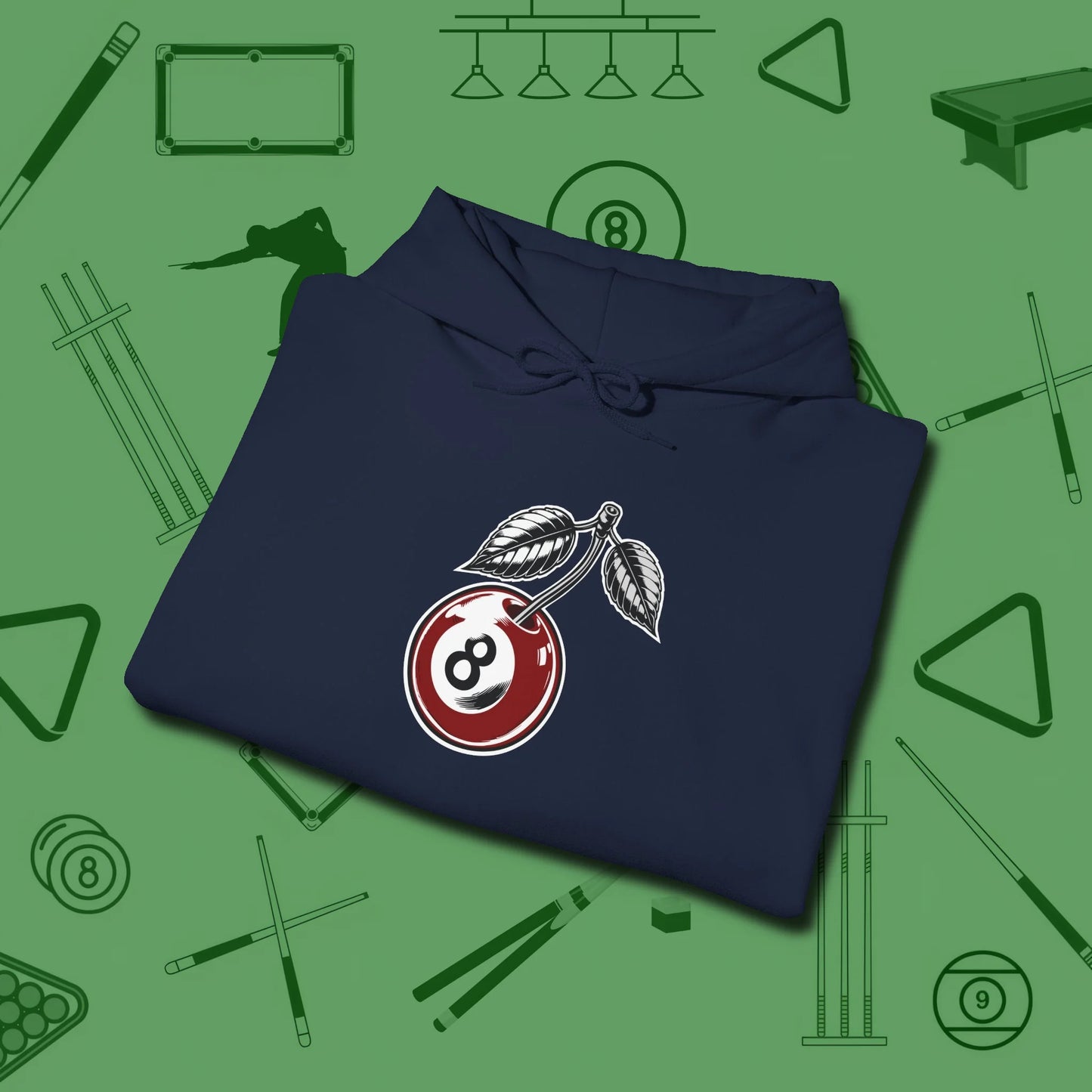 Cherry Eight Ball Hoodie, folded view, in Navy attitude built for the long haul