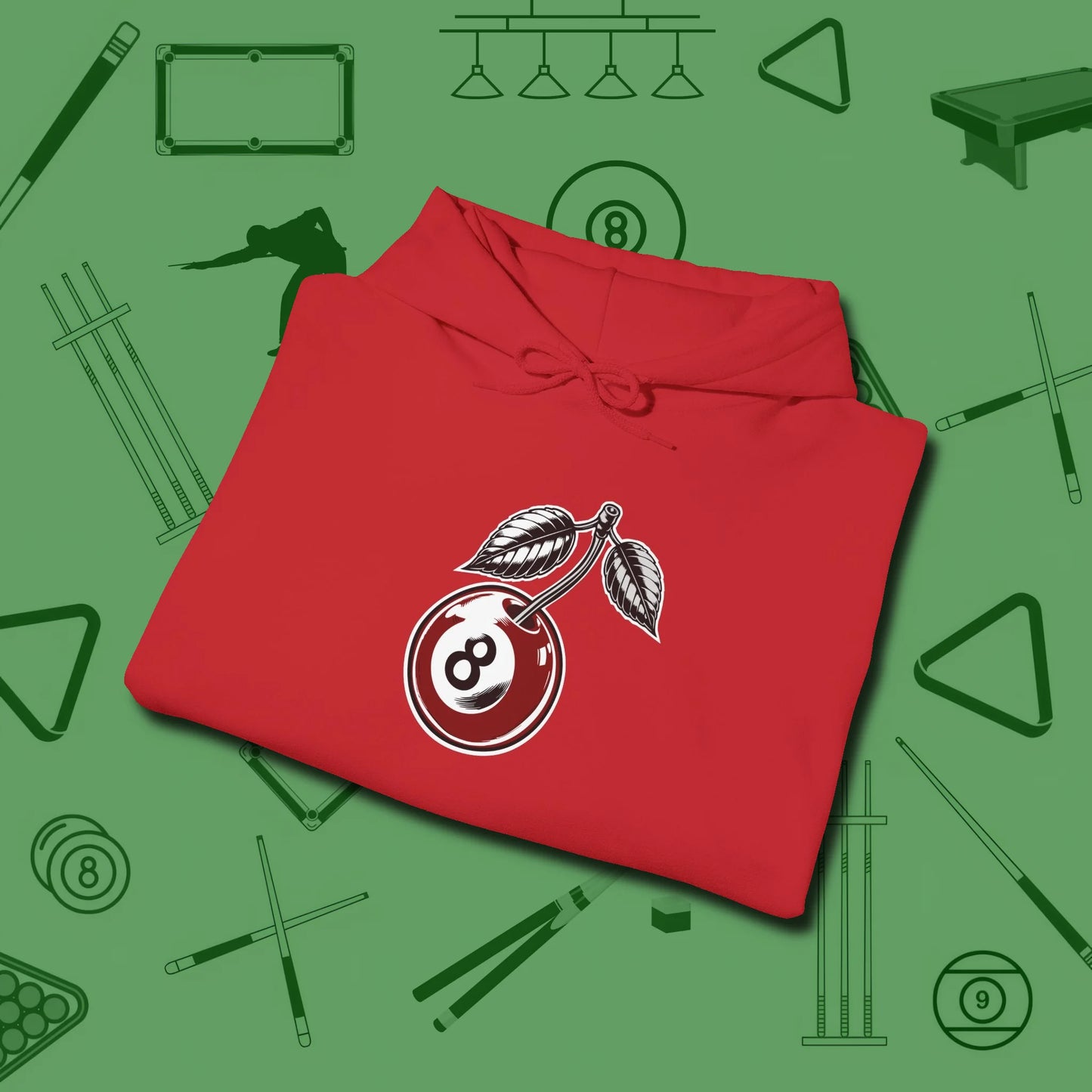 Cherry Eight Ball Hoodie, folded view, in Red for players who live the game