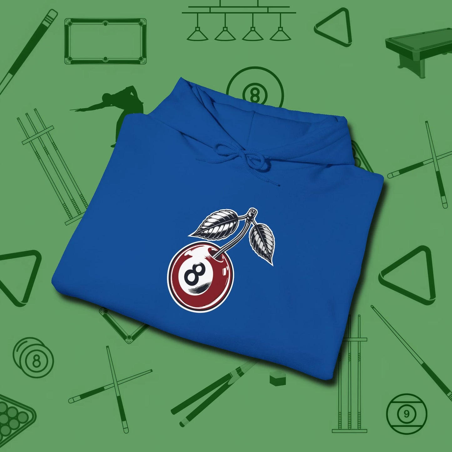 Cherry Eight Ball Hoodie, folded view, in Royal not your average 8-ball graphic tee