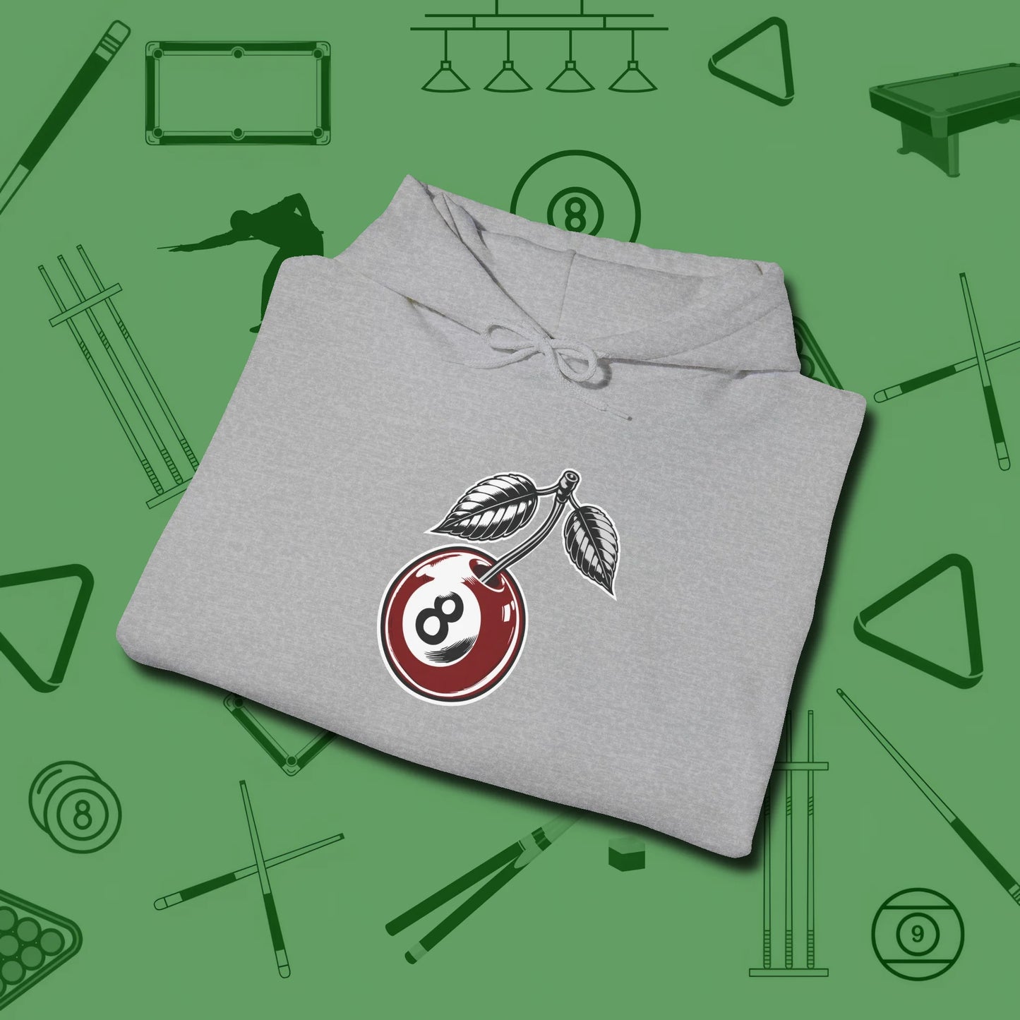 Cherry Eight Ball Hoodie, folded view, in Sport Grey table-tested, street-approved style