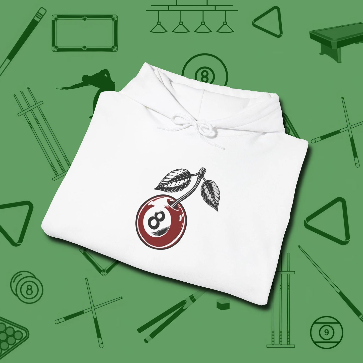 Cherry Eight Ball Hoodie, folded view, in White cue up respect every time you wear it