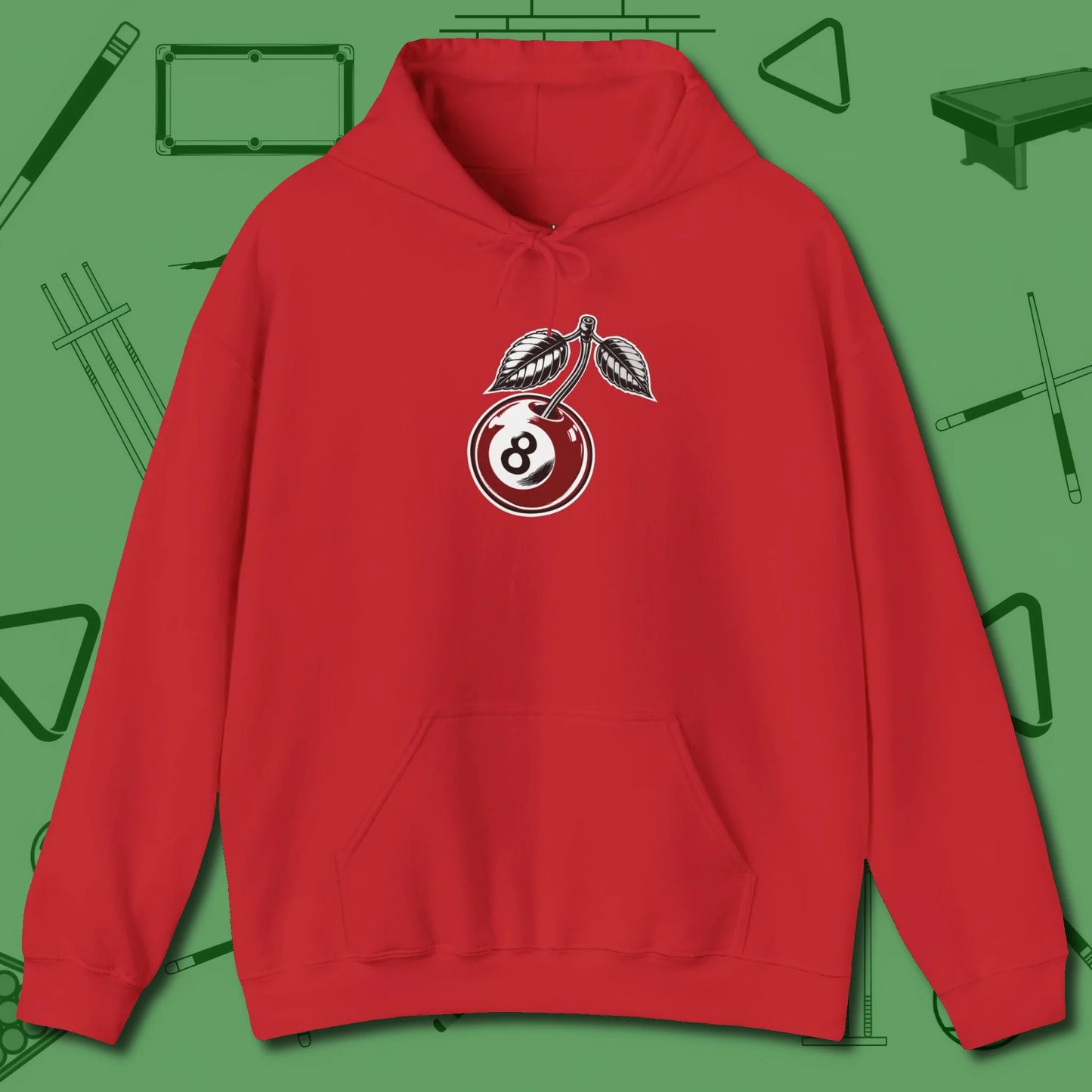 Cherry Eight Ball Hoodie, front view, in Red strike fear with swagger and precision