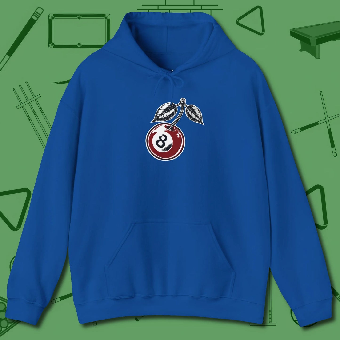 Cherry Eight Ball Hoodie, front view, in Royal cool enough for a corner pocket finish