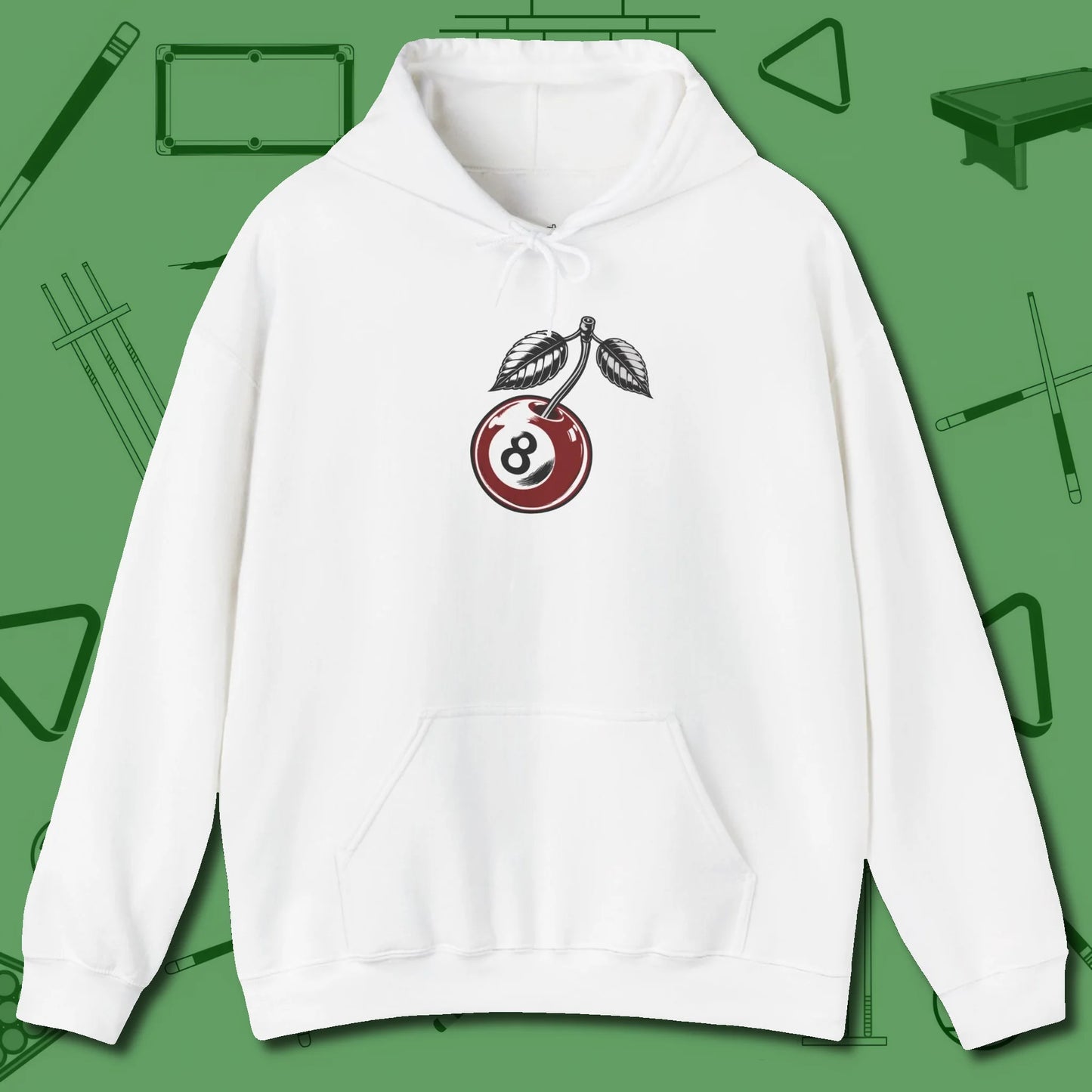 Cherry Eight Ball Hoodie, front view, in White cue sports swagger done right