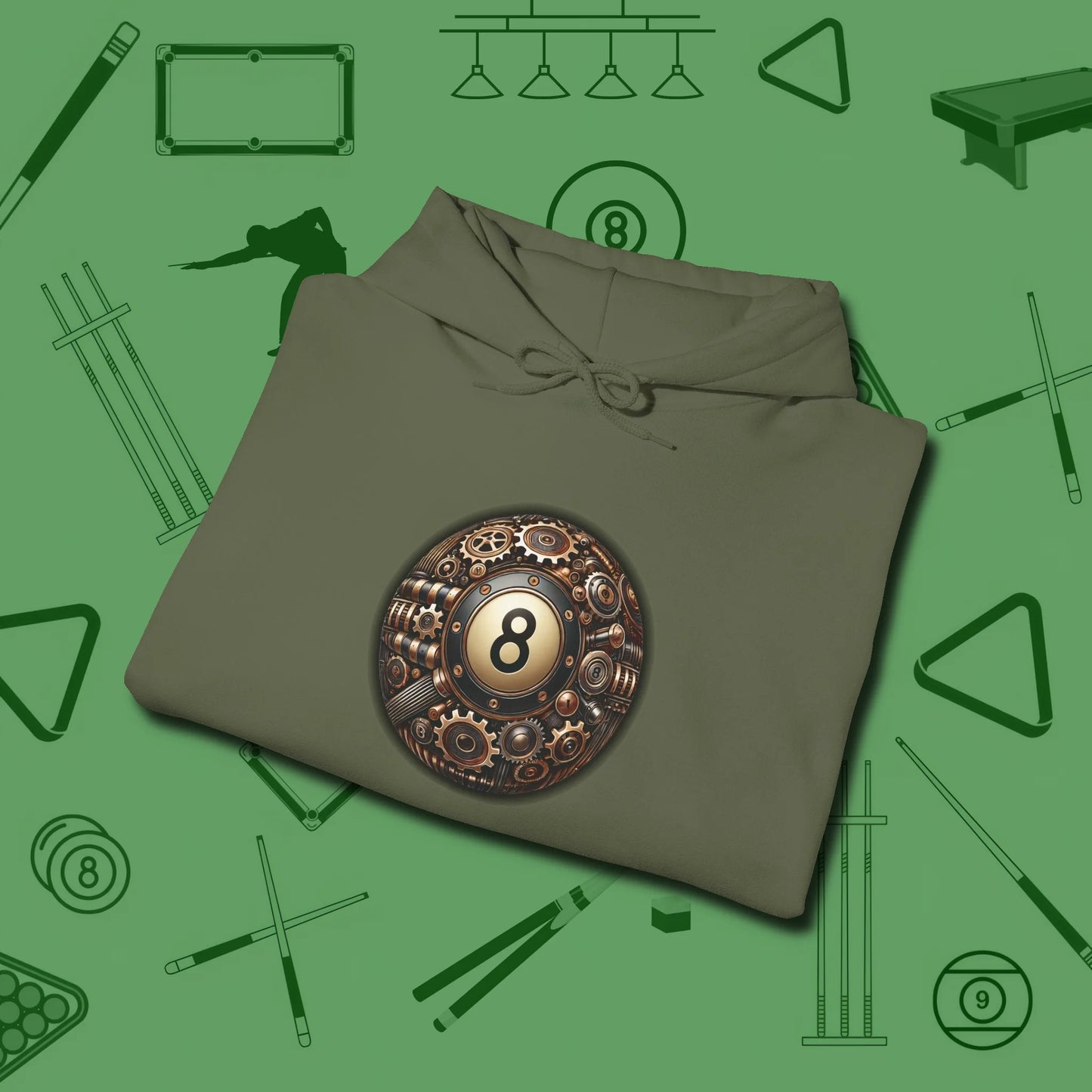 Clockwork Eight Ball Hoodie, folded view, in Military Green smart enough for the felt and the street