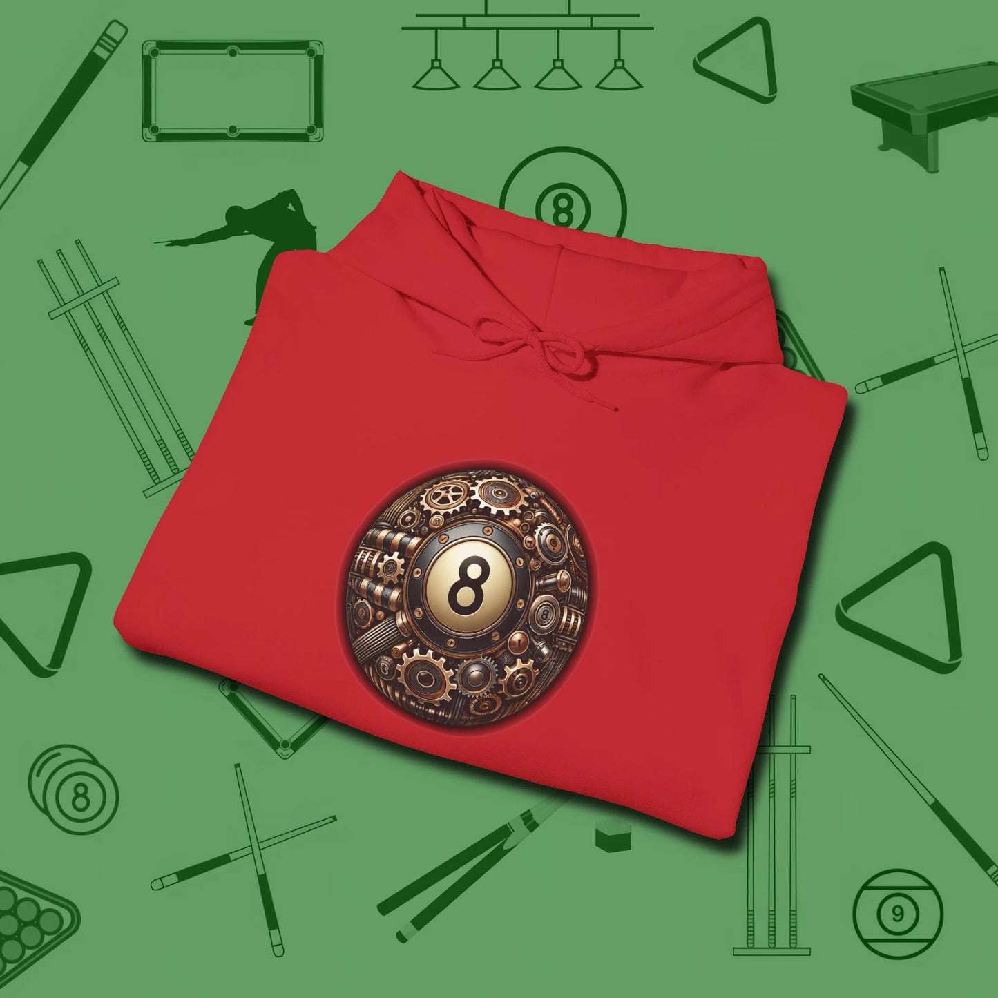 Clockwork Eight Ball Hoodie, folded view, in Red what champions wear between racks