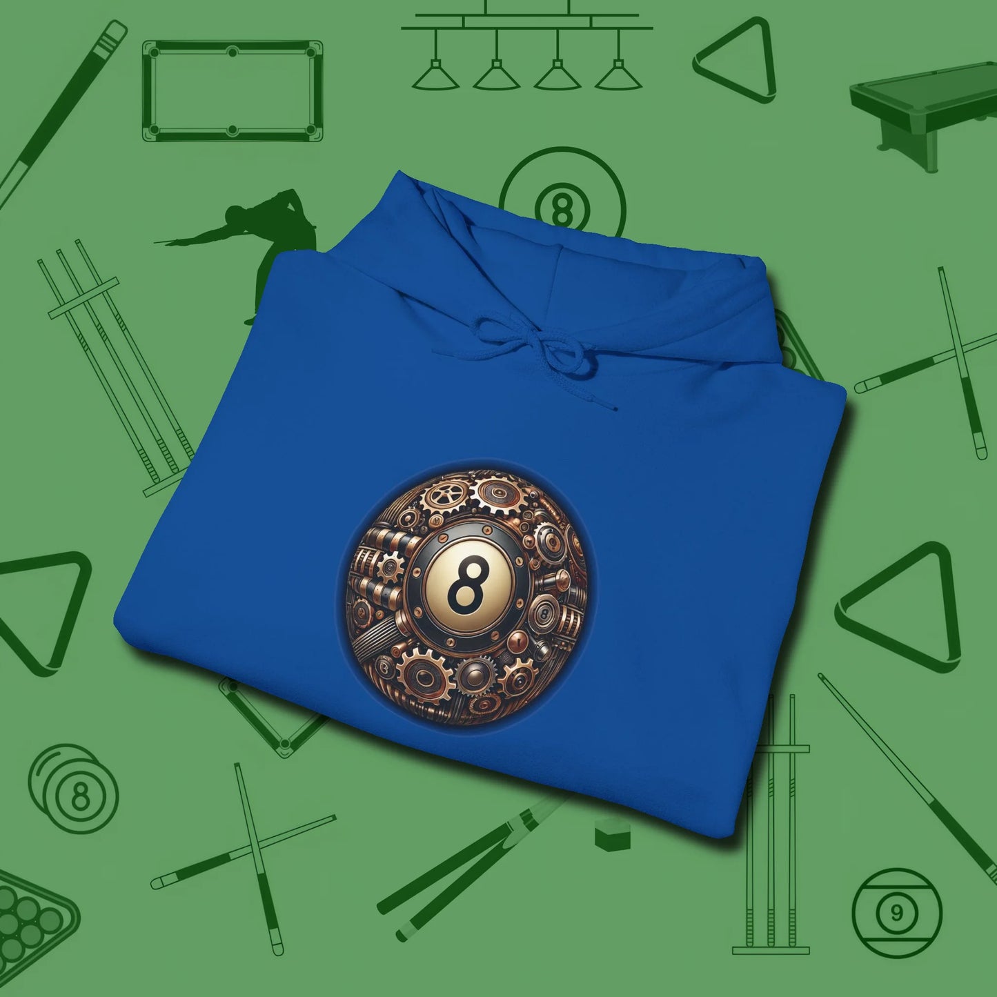 Clockwork Eight Ball Hoodie, folded view, in Royal cool enough for a corner pocket finish